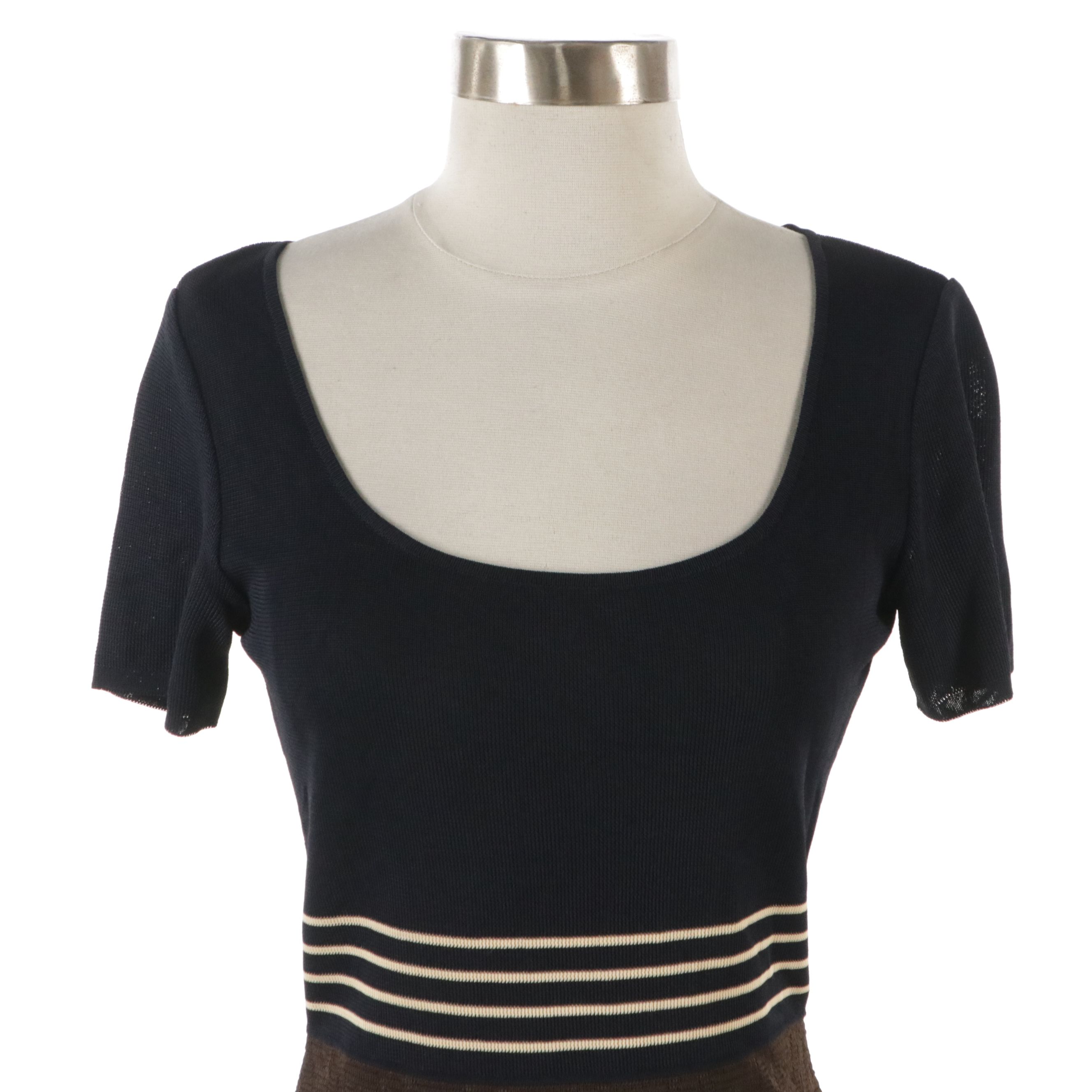 Fendi Scoop Neck Top in Navy Blue with Beige and Brown FF Logo Stripes