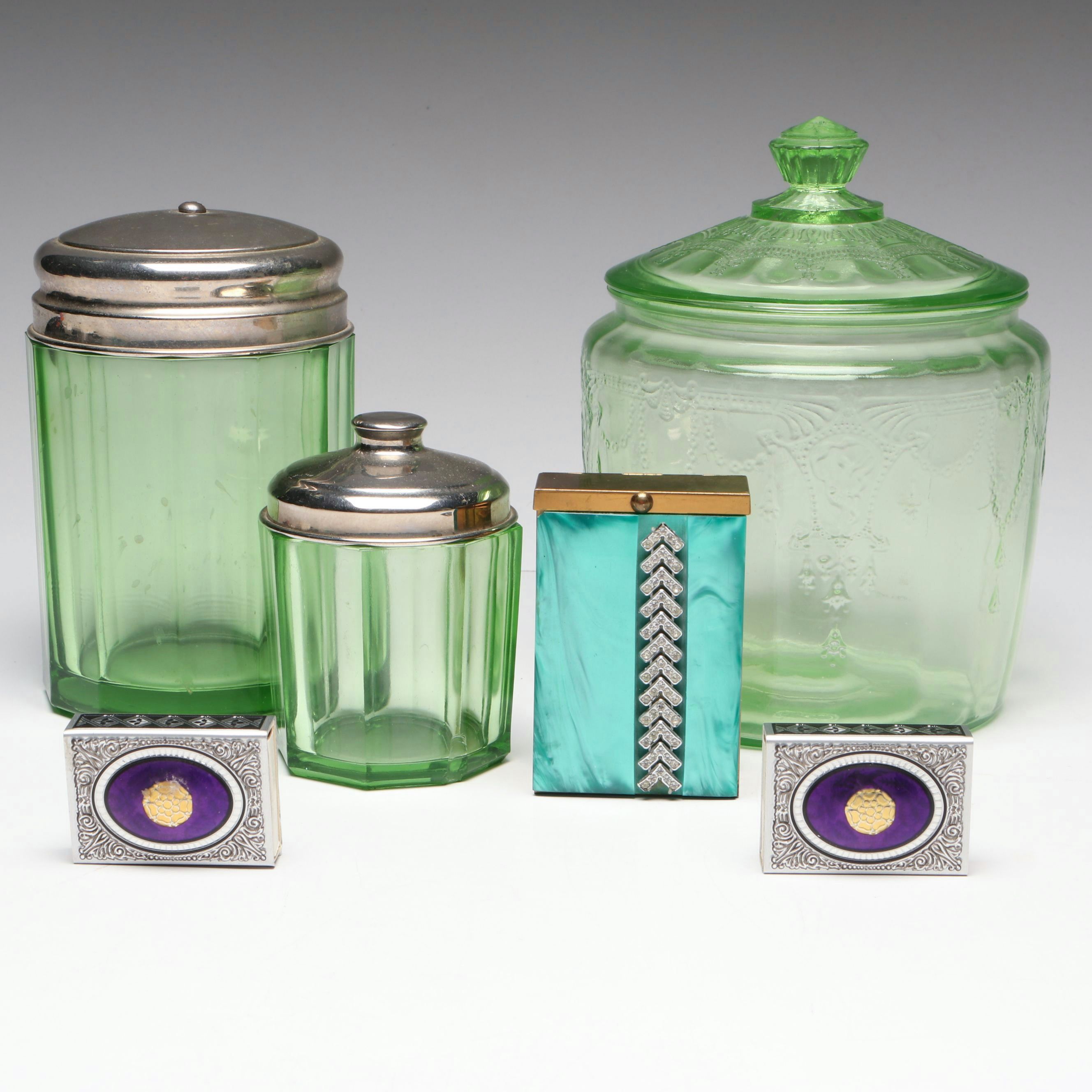 Uranium Glass Tobacco Jars with Enamel Matchbox and Cigar Cases