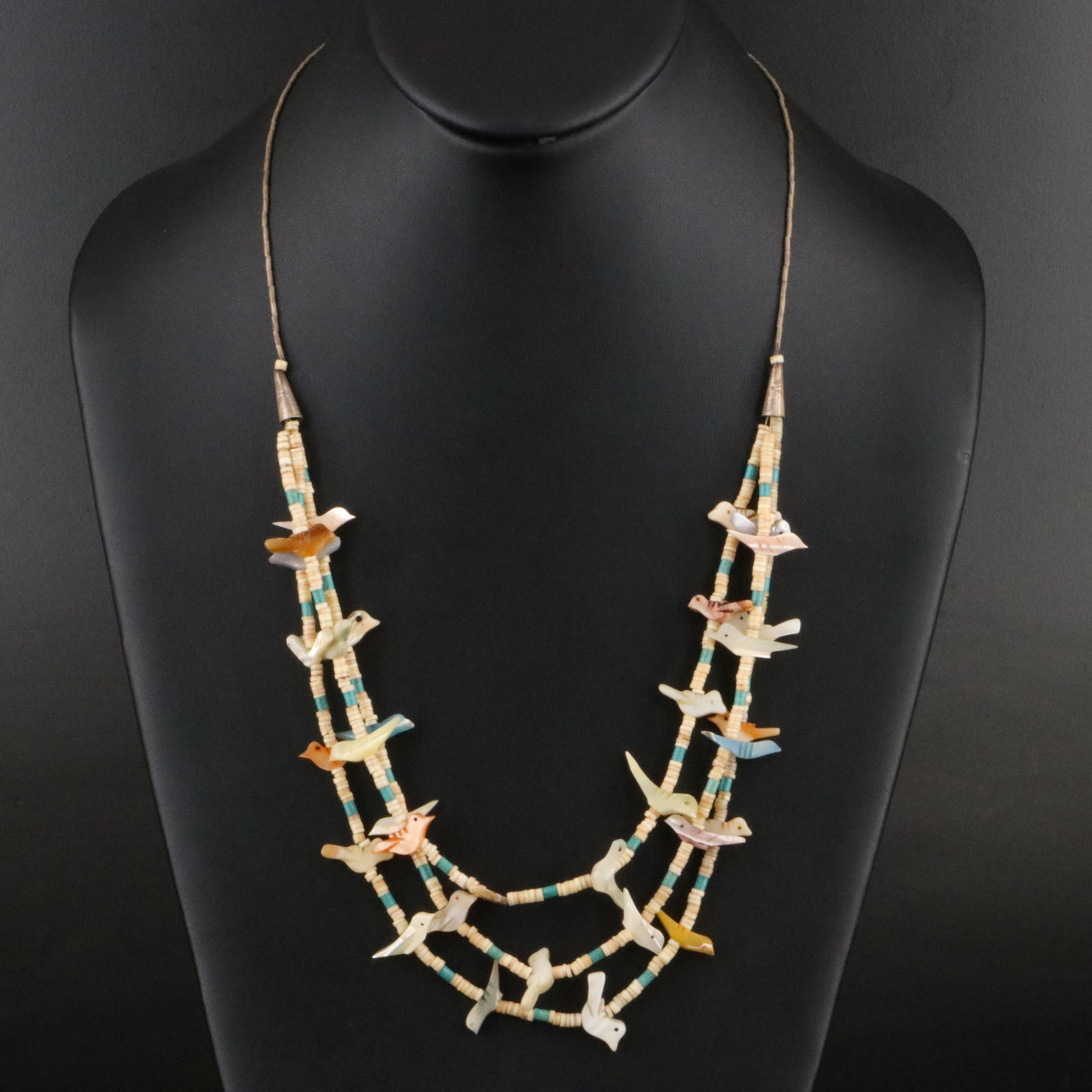 Western Sterling Heishi Fetish Bead Necklace Including Mother-of-Pearl and Shell