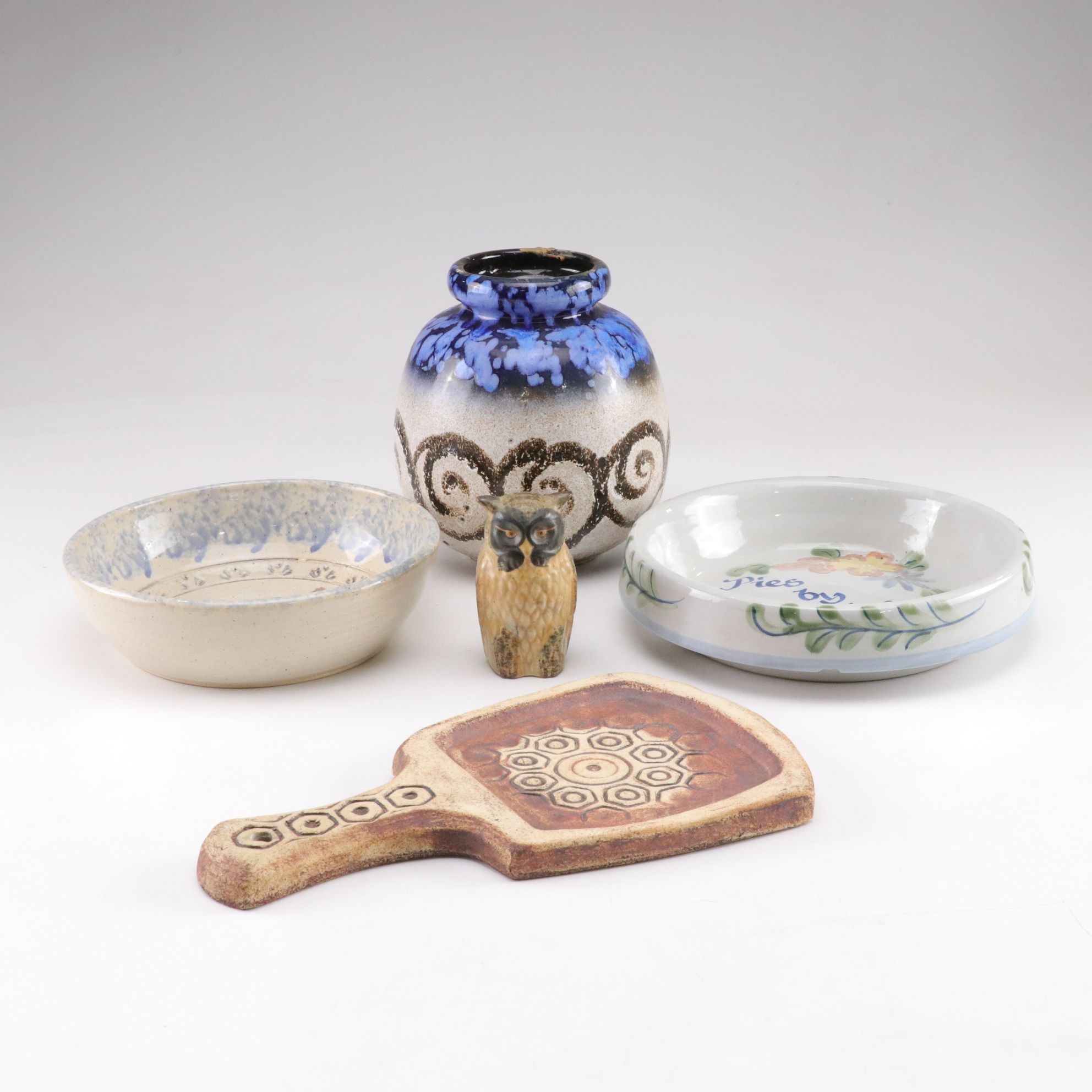 Pottery Owl Figurine, Cheese Board, Serving Bowl, Vase, and Pie Plate