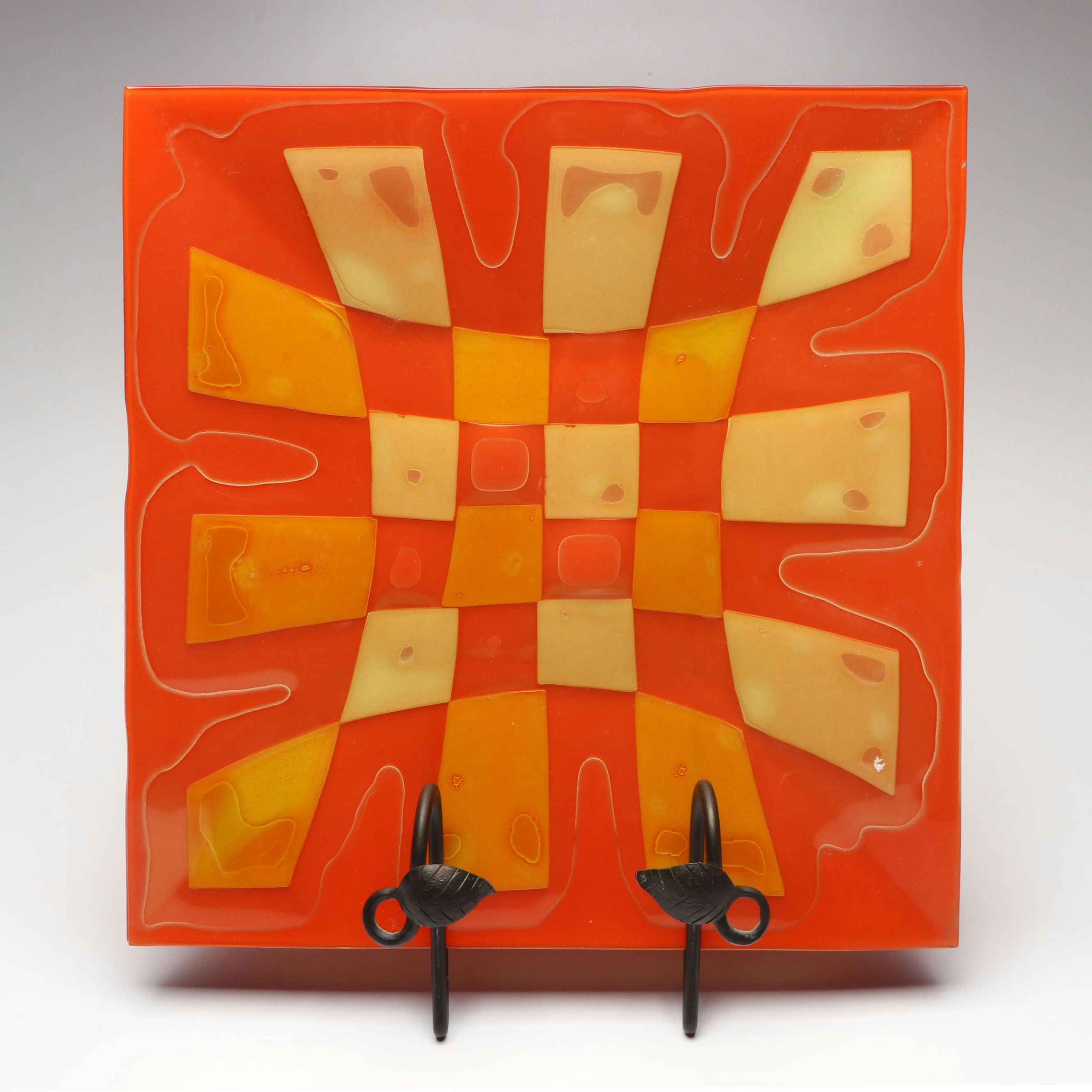 MCM Higgins Fused Checkered Art Glass Tray on Metal Stand