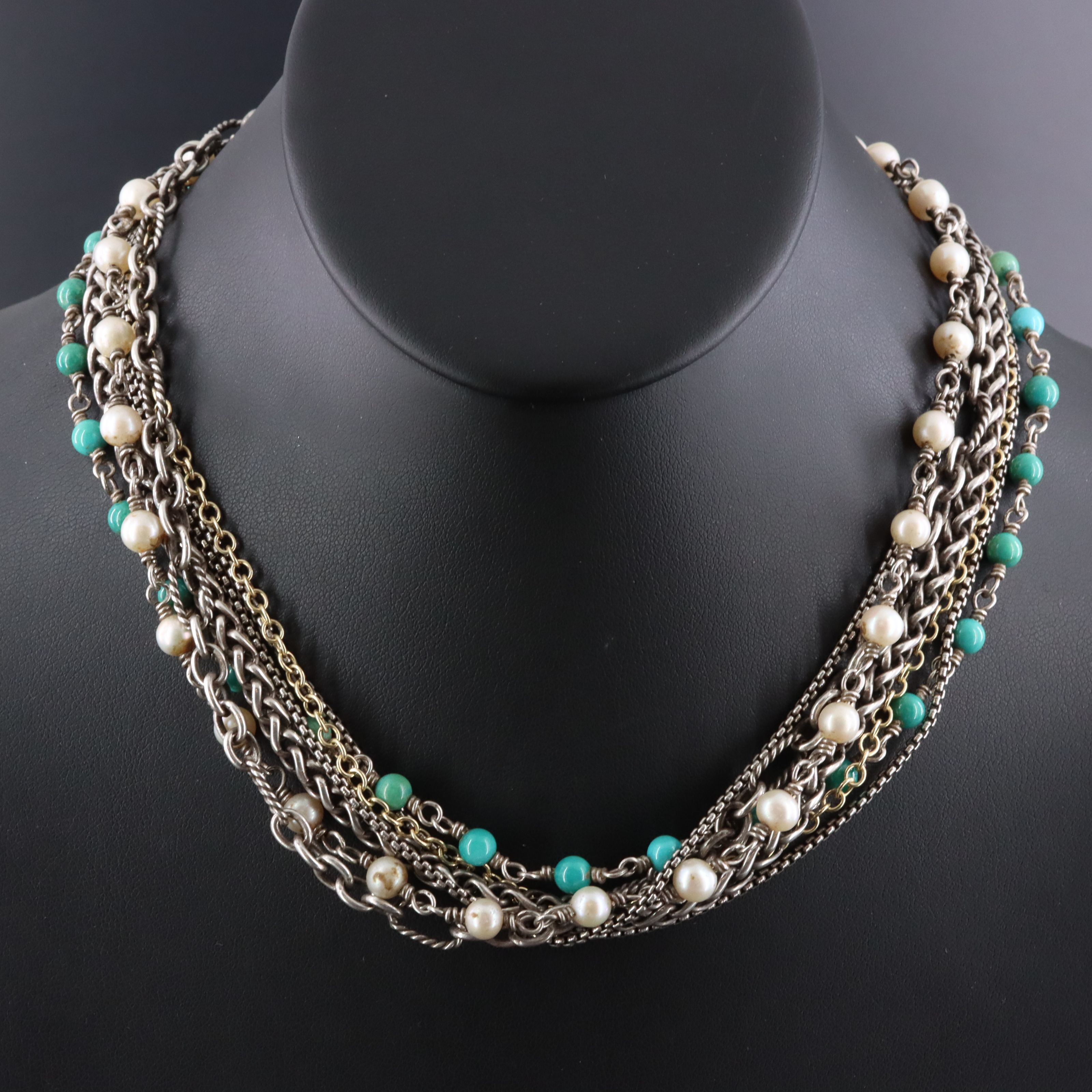 David Yurman Sterling,18K, Pearl and Turquoise Multi-Strand Necklace