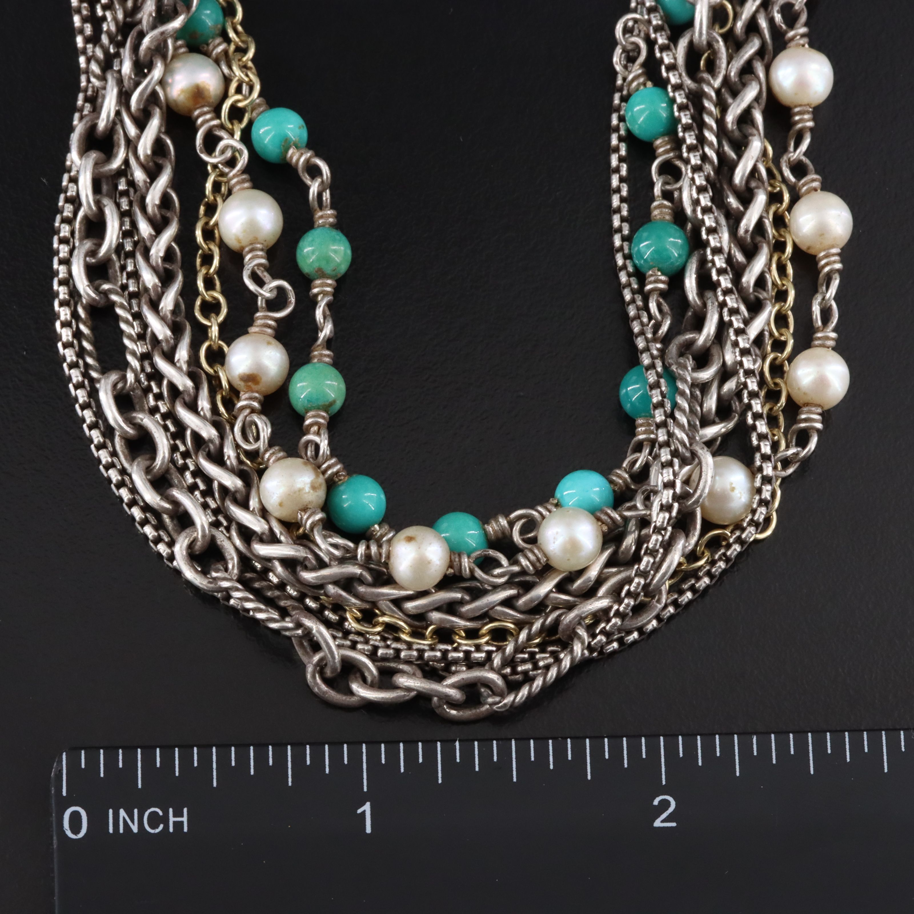 David Yurman Sterling,18K, Pearl and Turquoise Multi-Strand Necklace