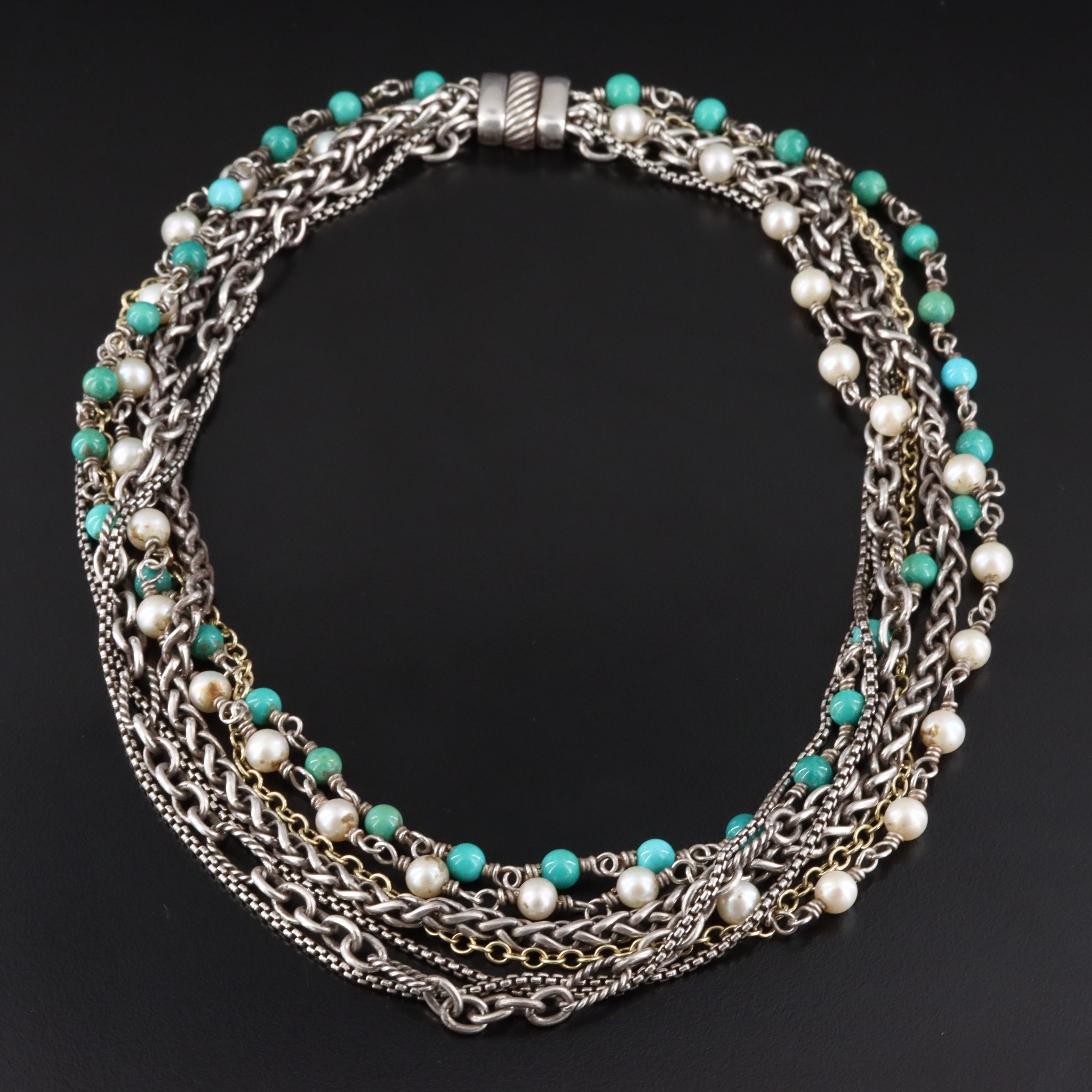 David Yurman Sterling,18K, Pearl and Turquoise Multi-Strand Necklace