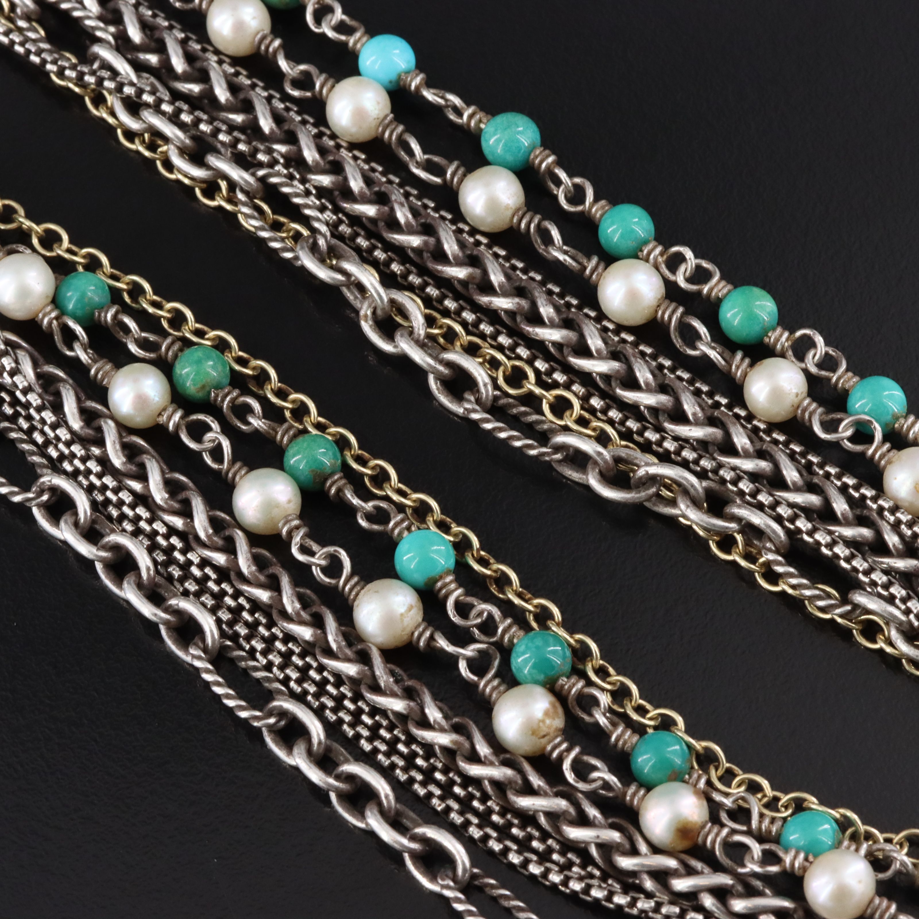 David Yurman Sterling,18K, Pearl and Turquoise Multi-Strand Necklace