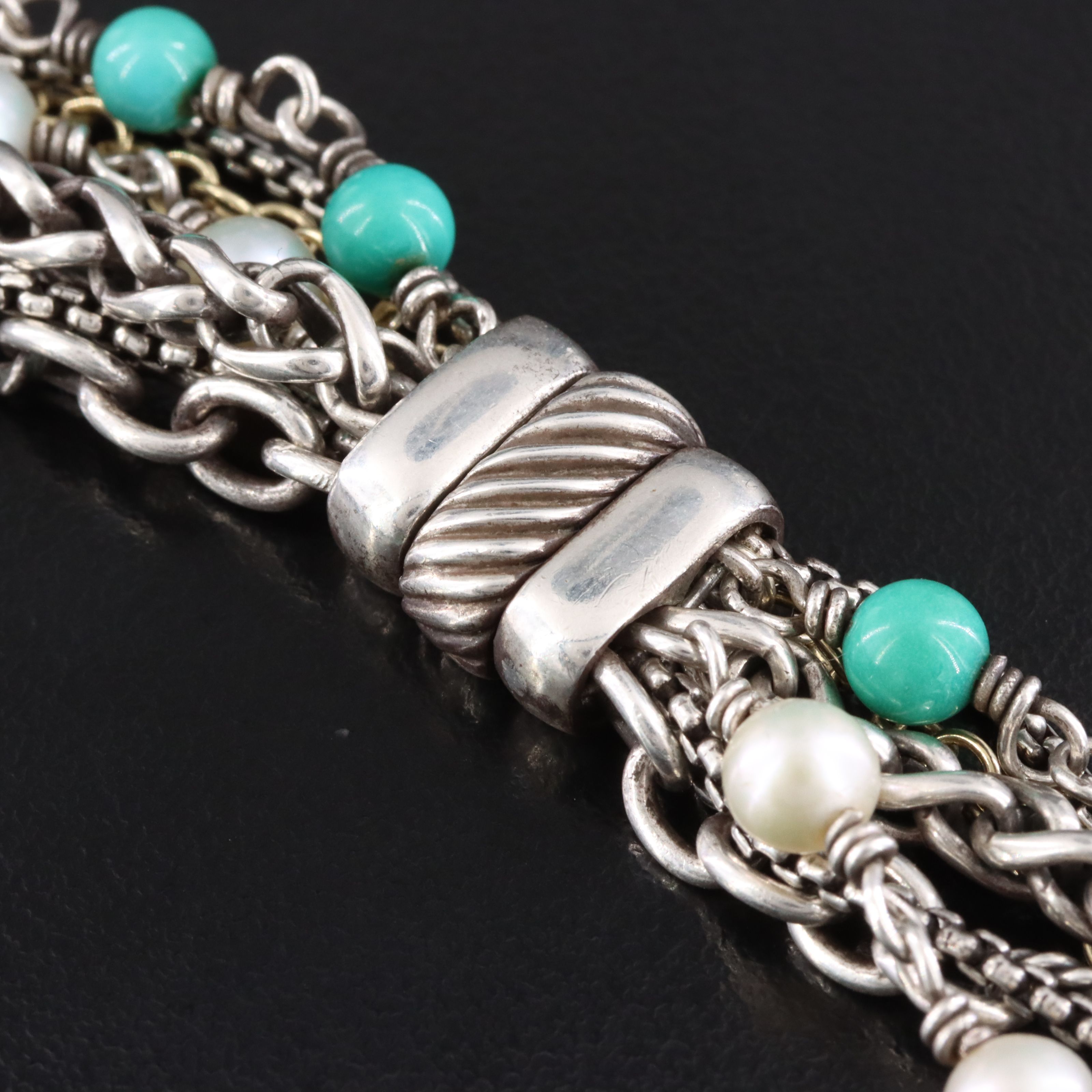 David Yurman Sterling,18K, Pearl and Turquoise Multi-Strand Necklace
