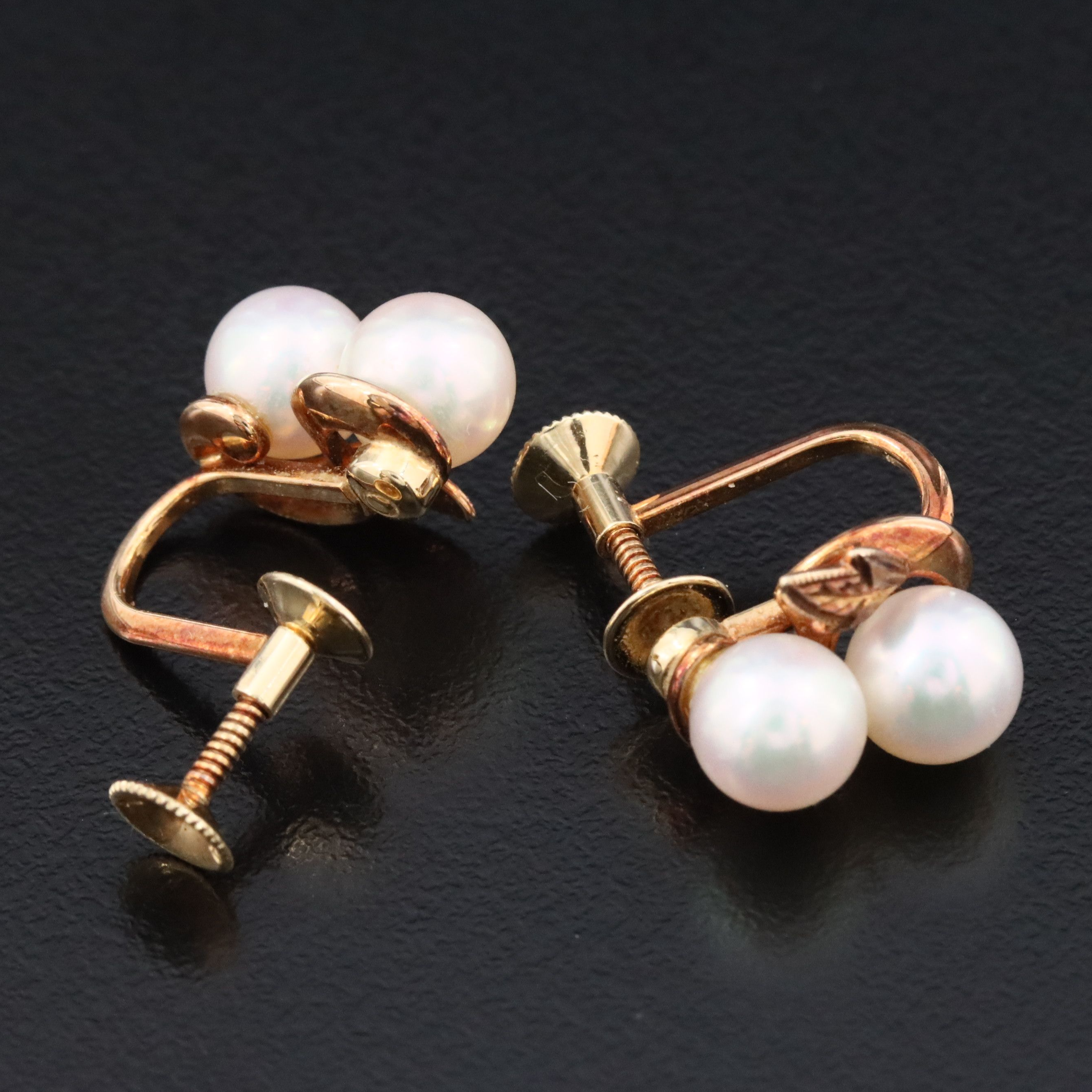 Mikimoto 14K Double Pearl Screw Back  Earrings