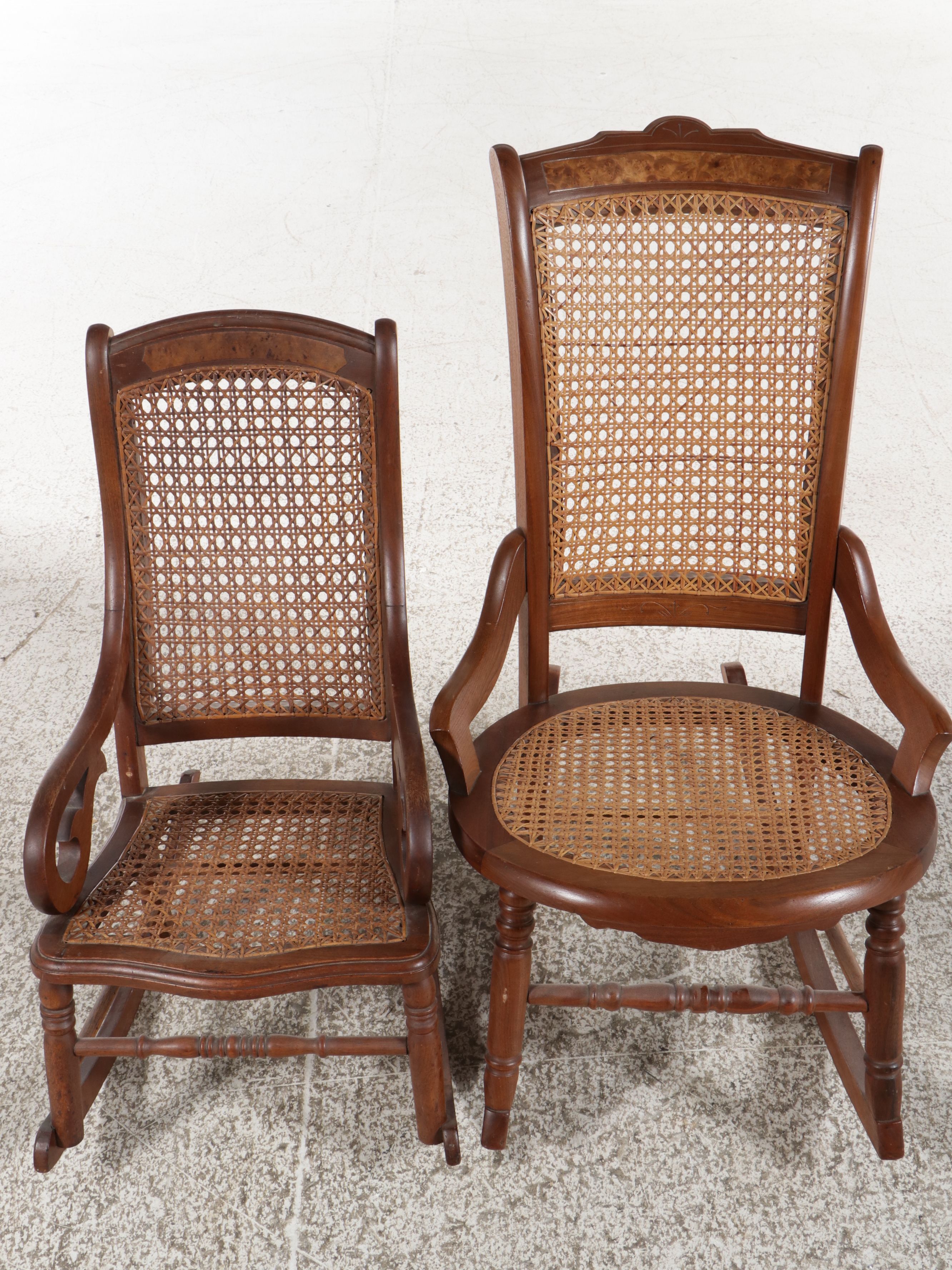 Assembled Pair of Sheraton Revival Caned Rocking Chairs