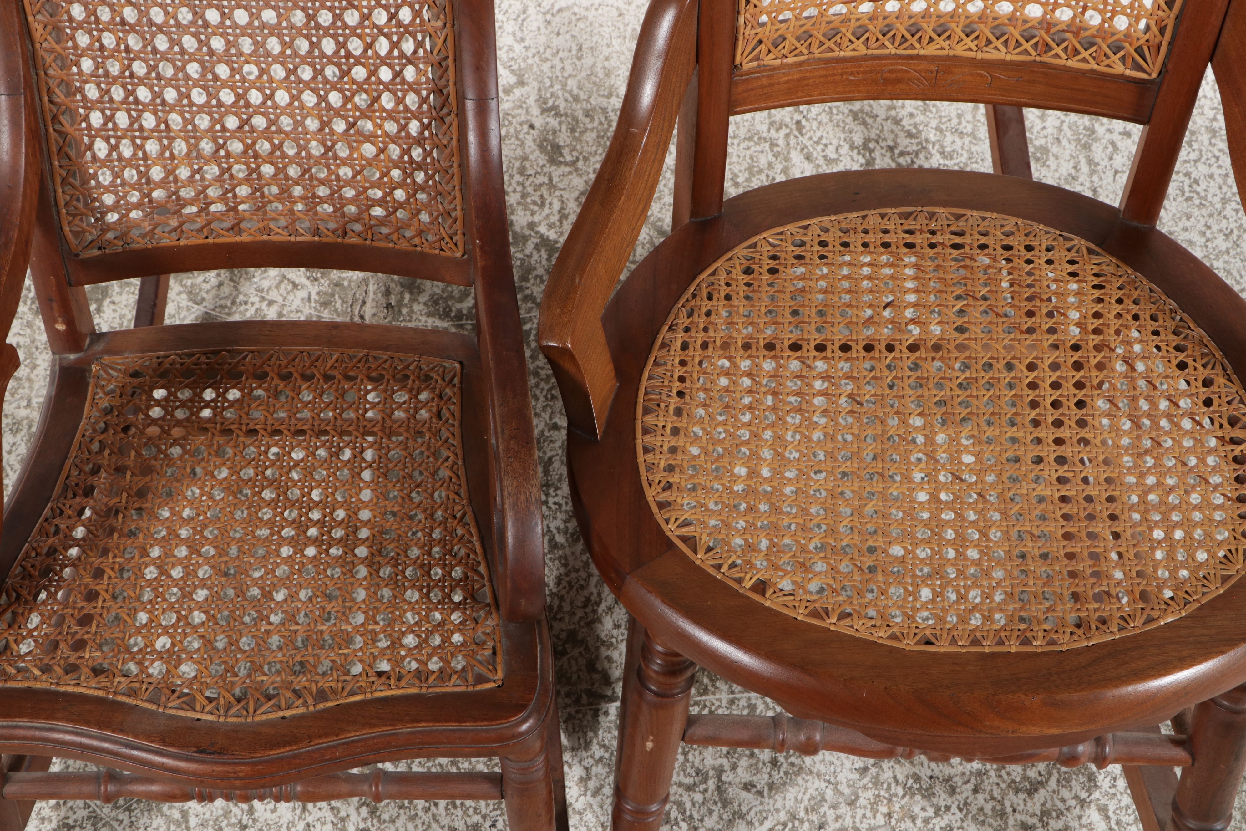 Assembled Pair of Sheraton Revival Caned Rocking Chairs