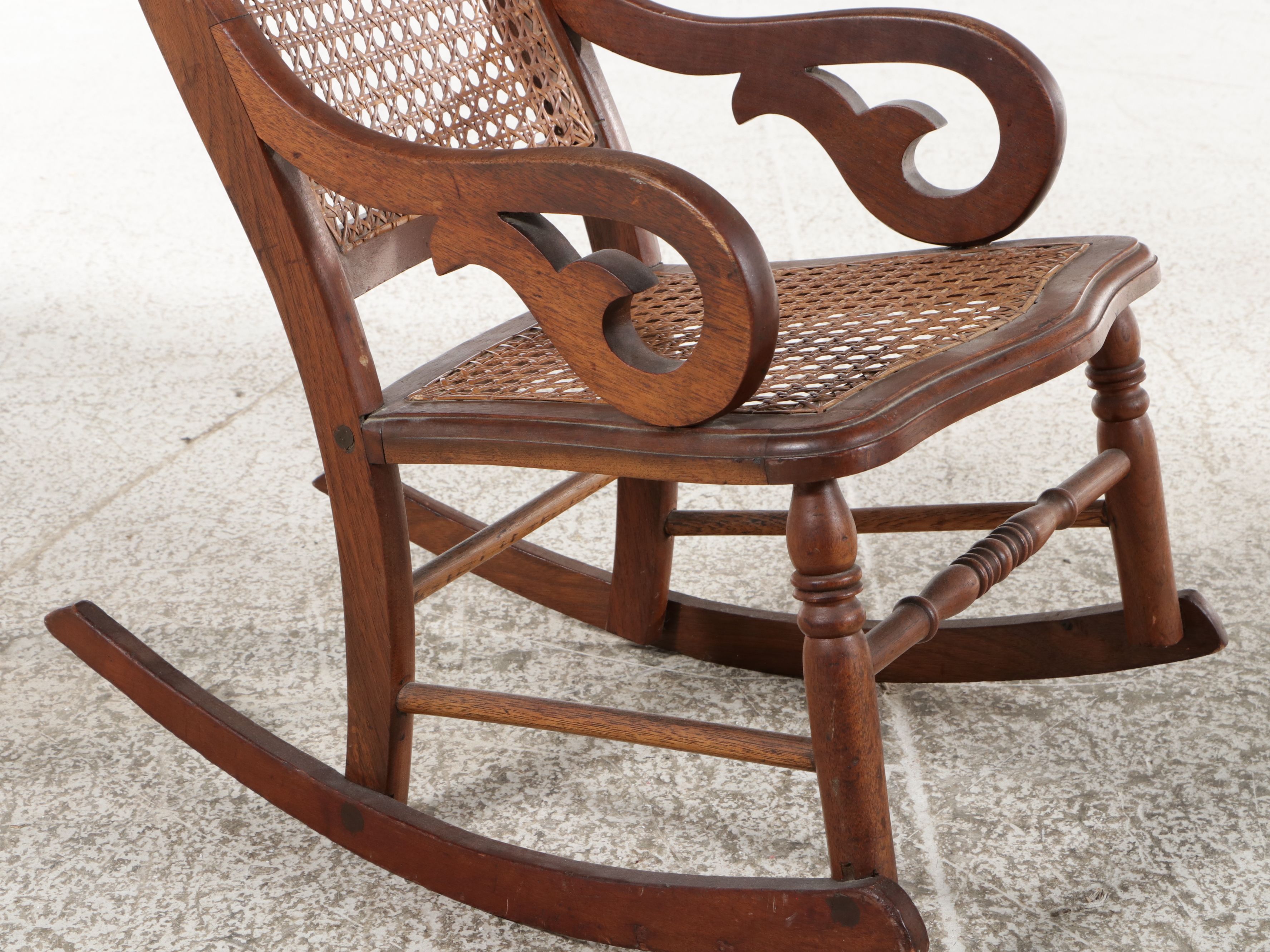 Assembled Pair of Sheraton Revival Caned Rocking Chairs