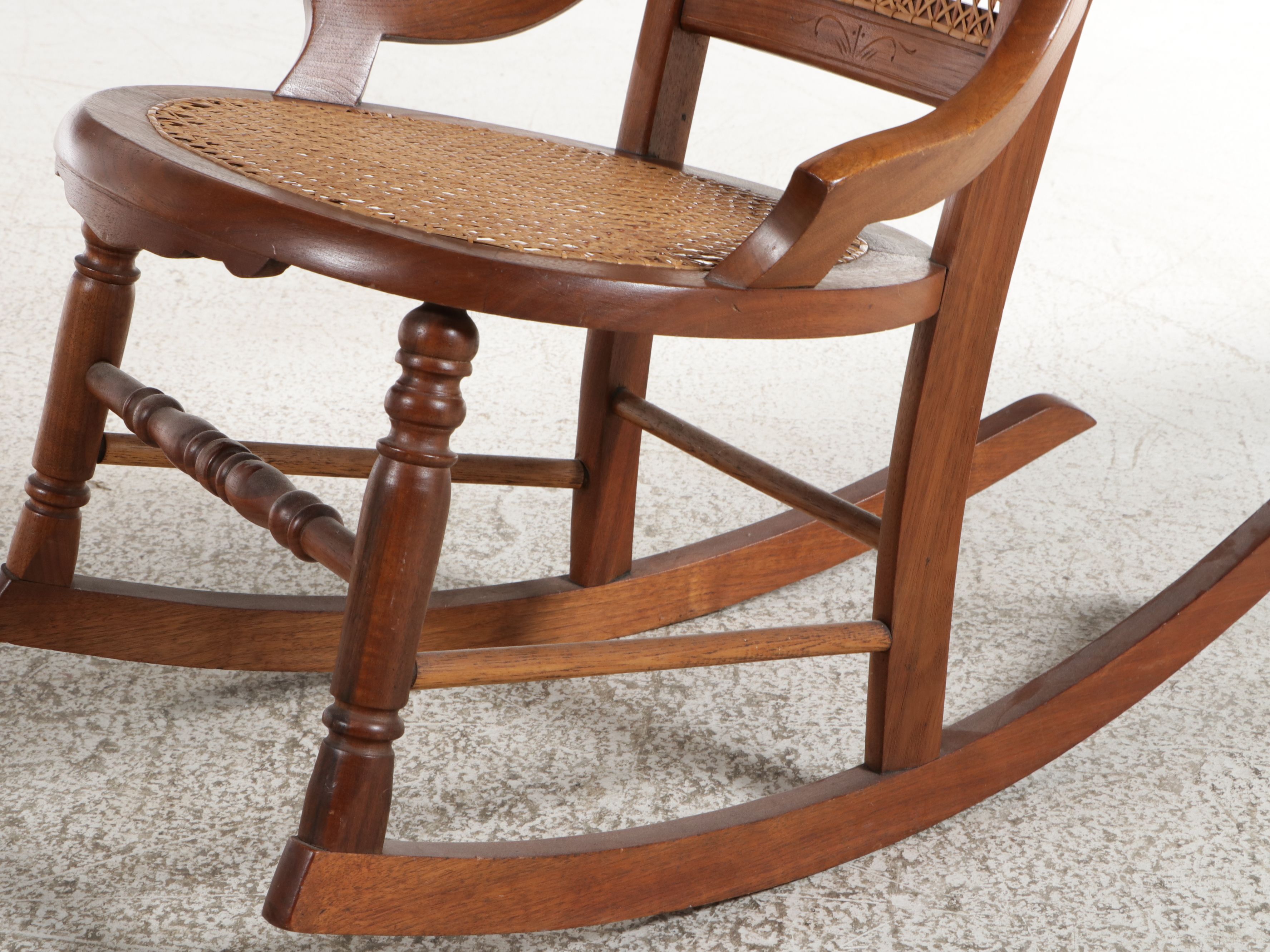 Assembled Pair of Sheraton Revival Caned Rocking Chairs