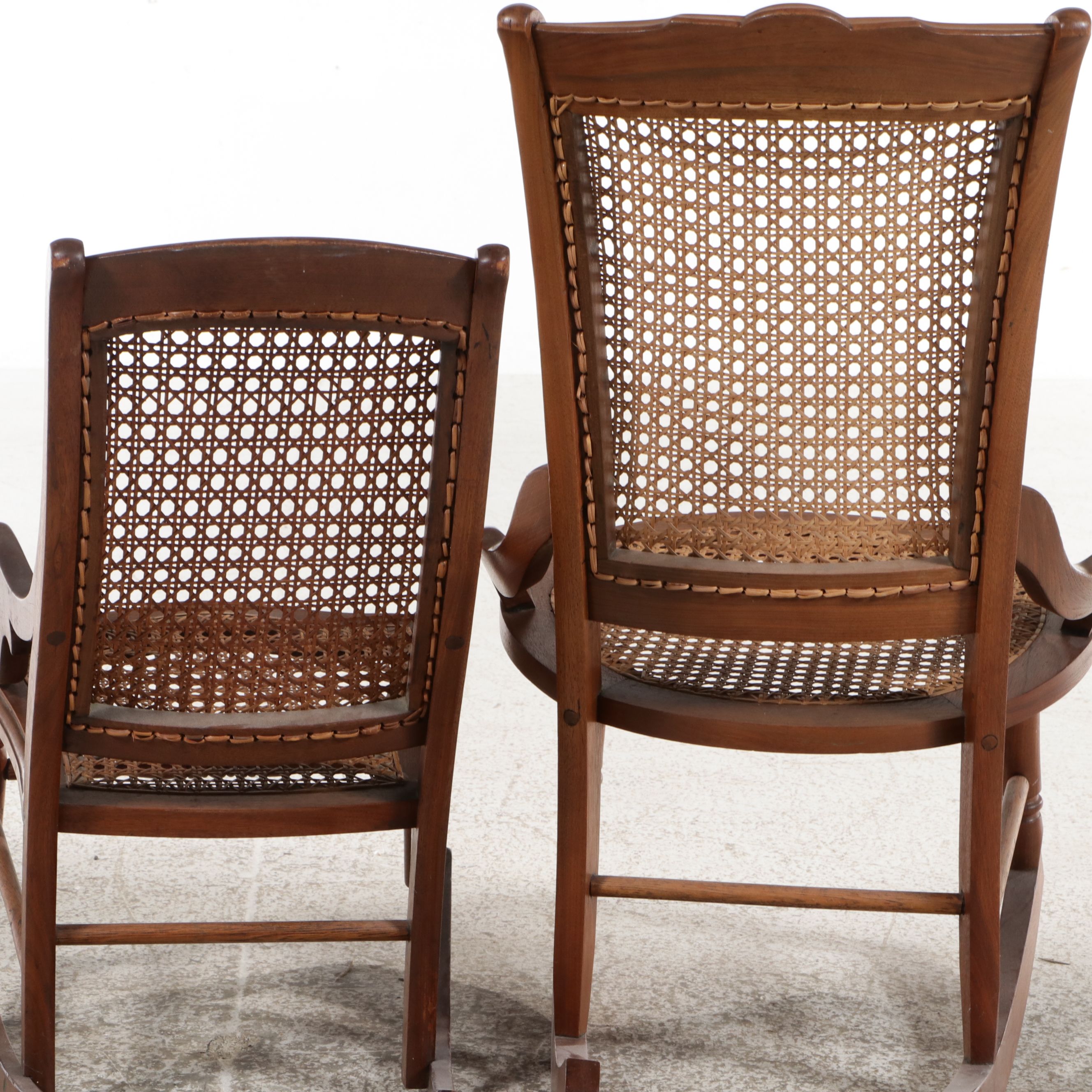 Assembled Pair of Sheraton Revival Caned Rocking Chairs