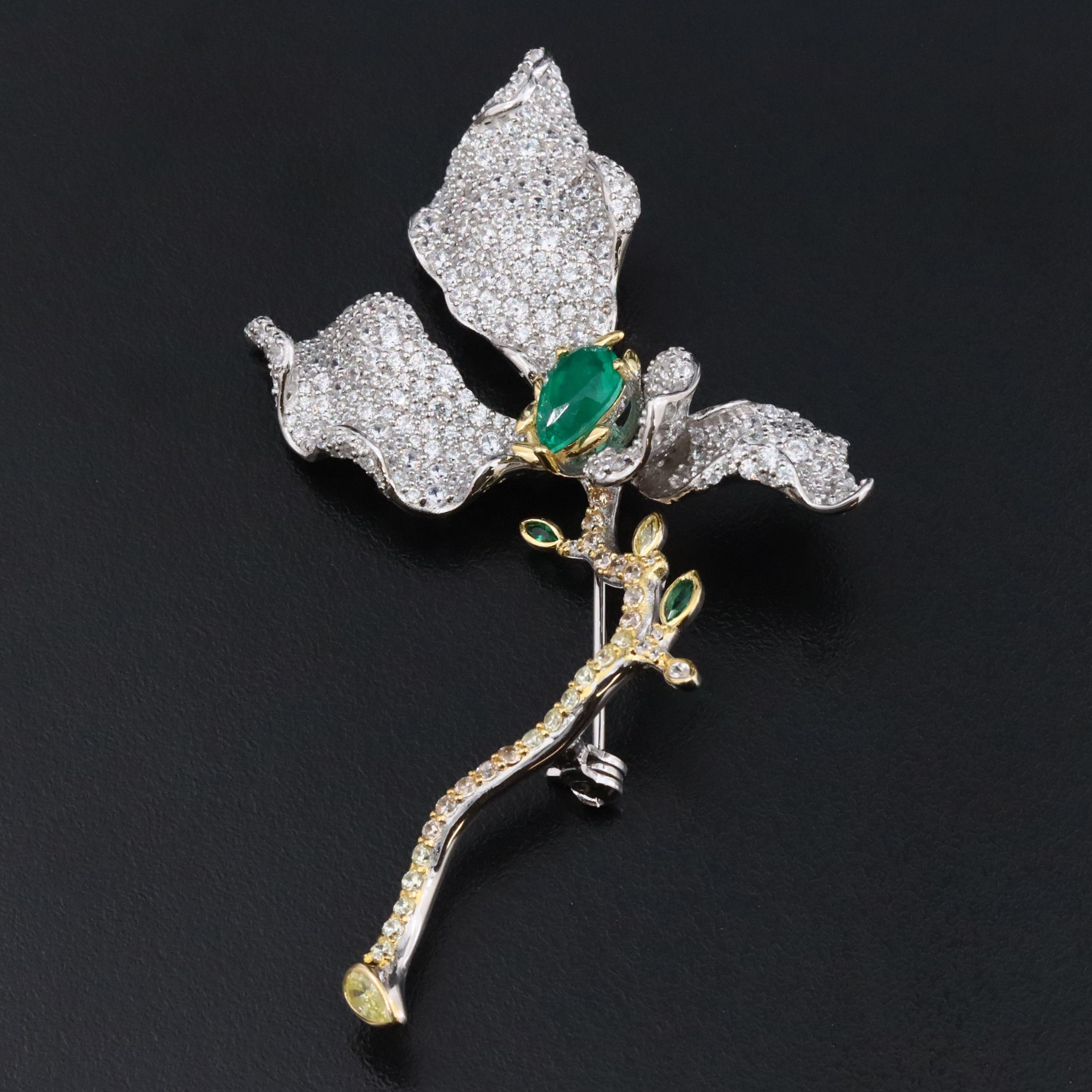 Sterling Quartz Triplet and CZ Flower Brooch