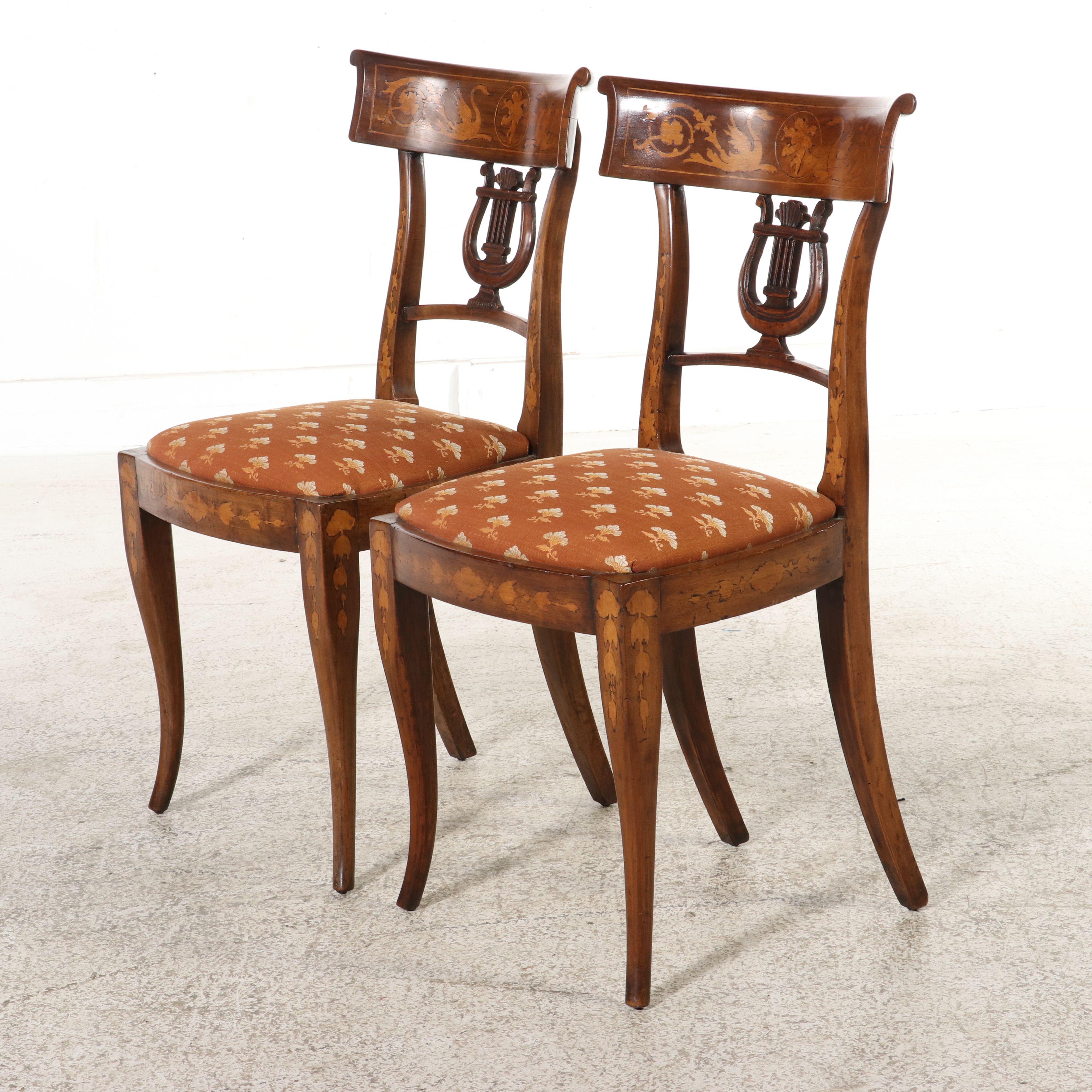 Pair of Continental European Empire Inlaid Lyre-Back Side Chairs