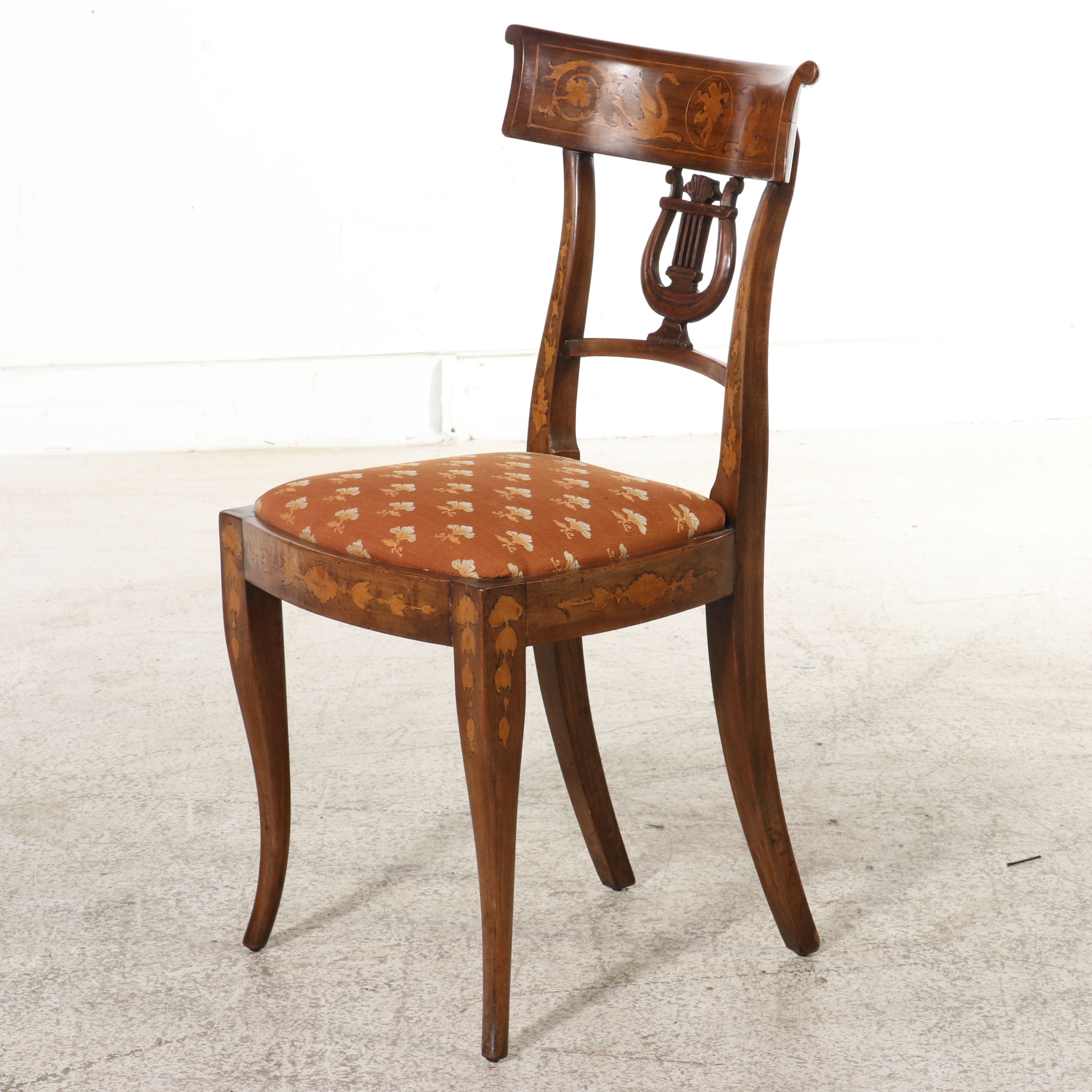 Pair of Continental European Empire Inlaid Lyre-Back Side Chairs