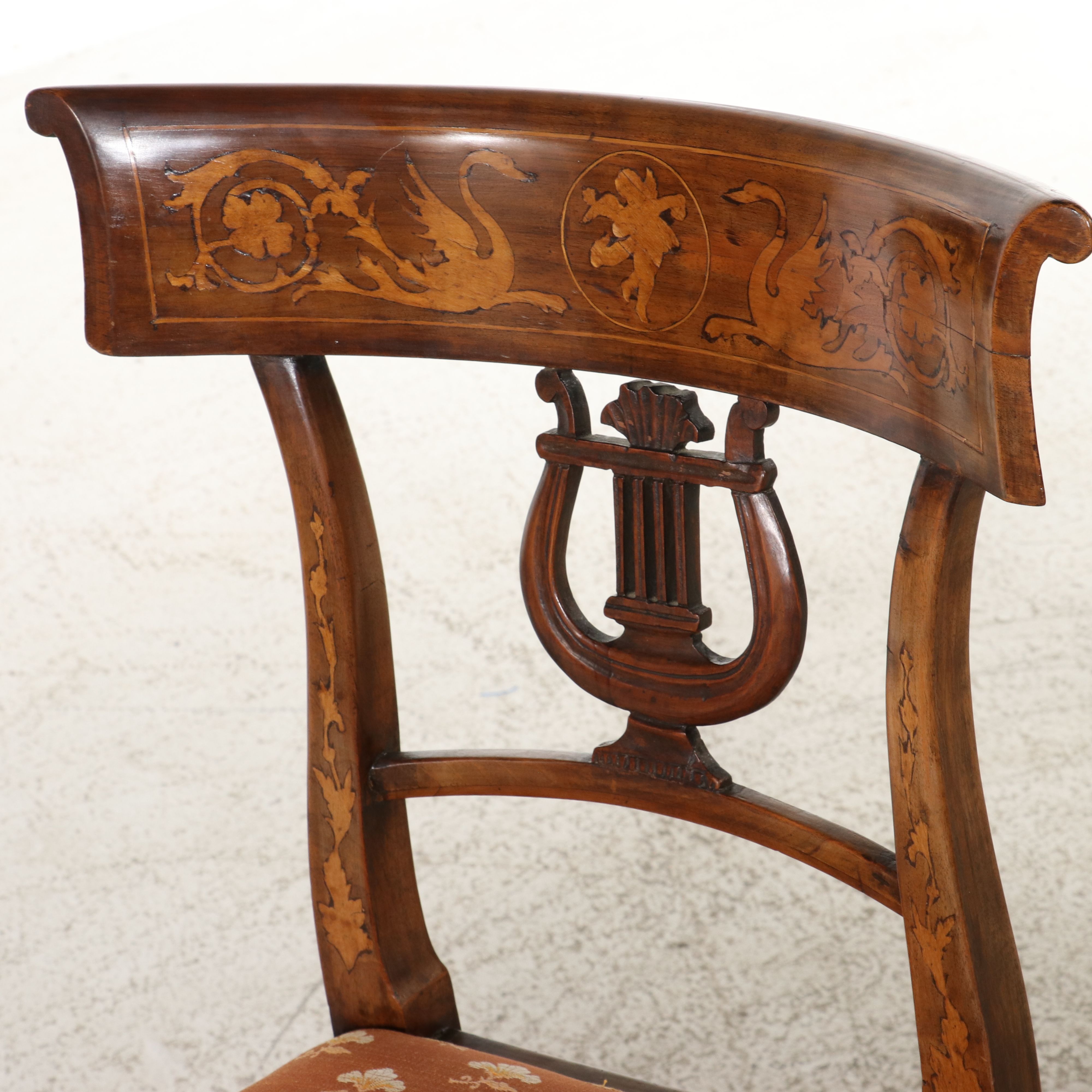 Pair of Continental European Empire Inlaid Lyre-Back Side Chairs