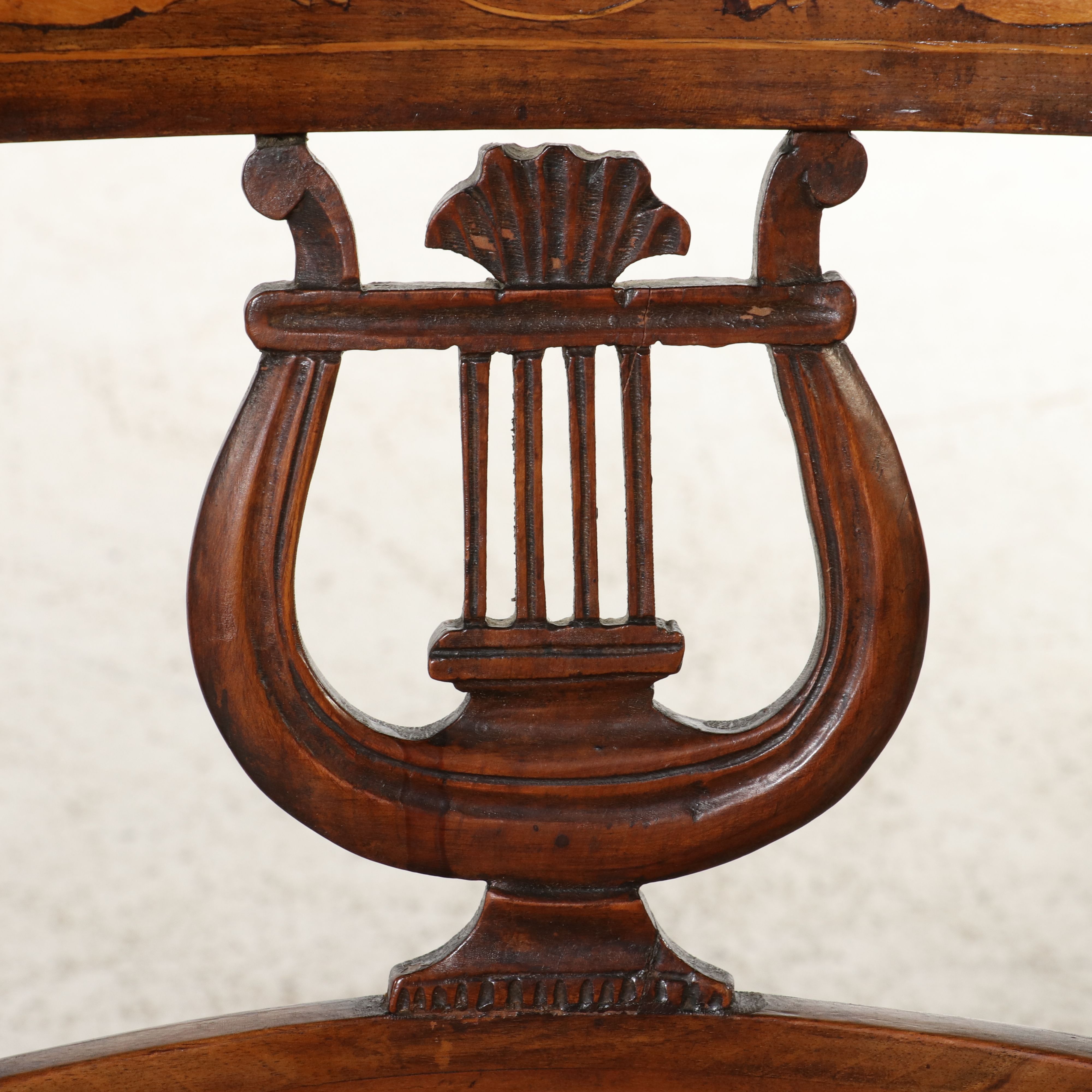 Pair of Continental European Empire Inlaid Lyre-Back Side Chairs