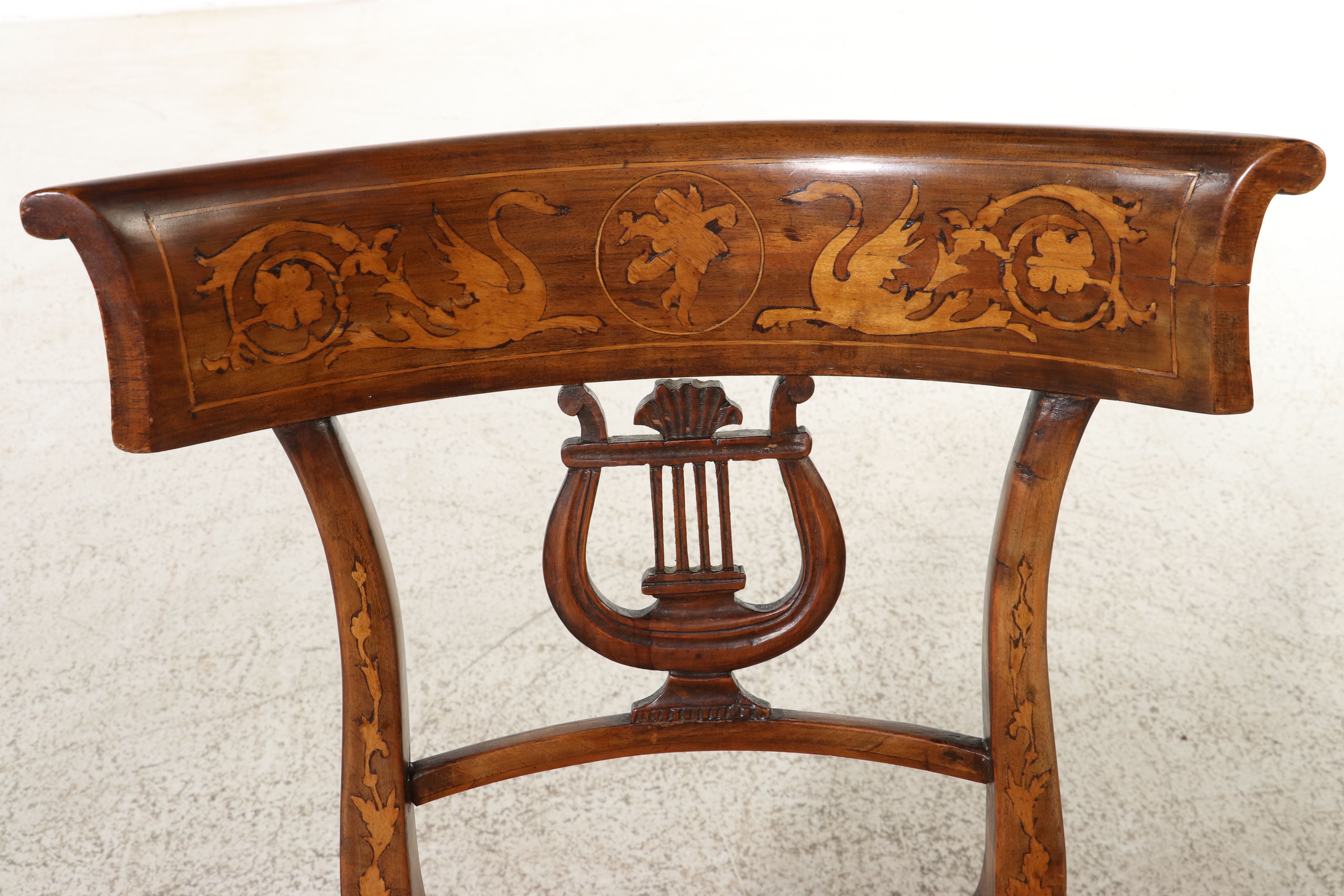 Pair of Continental European Empire Inlaid Lyre-Back Side Chairs