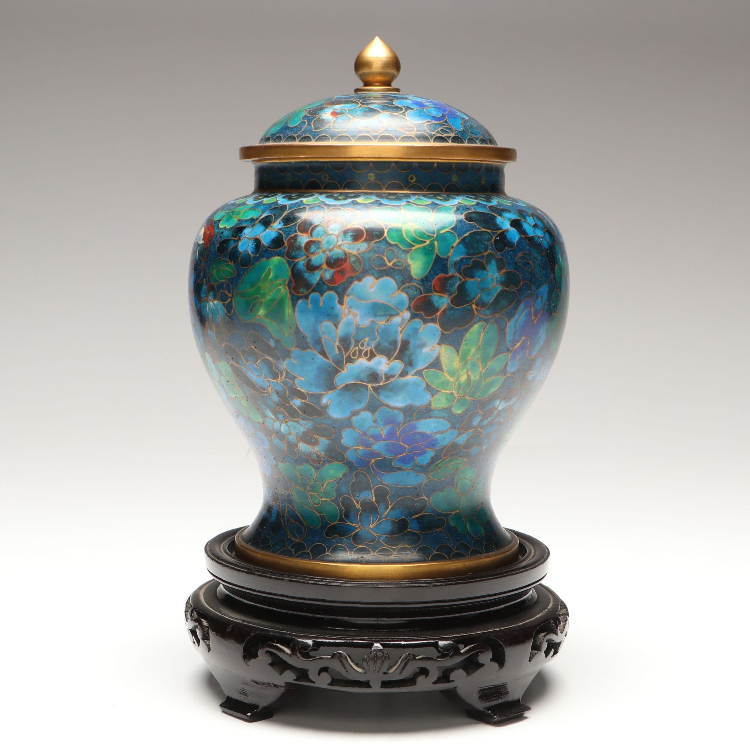 Chinese Floral Cloisonné Decorative Lidded Urn on Wood Base