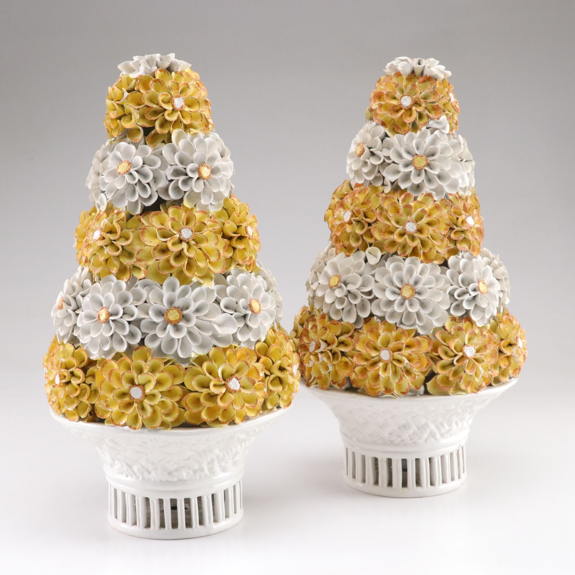 Italian Hand-Painted Porcelain Daisy Topiary Sculptures