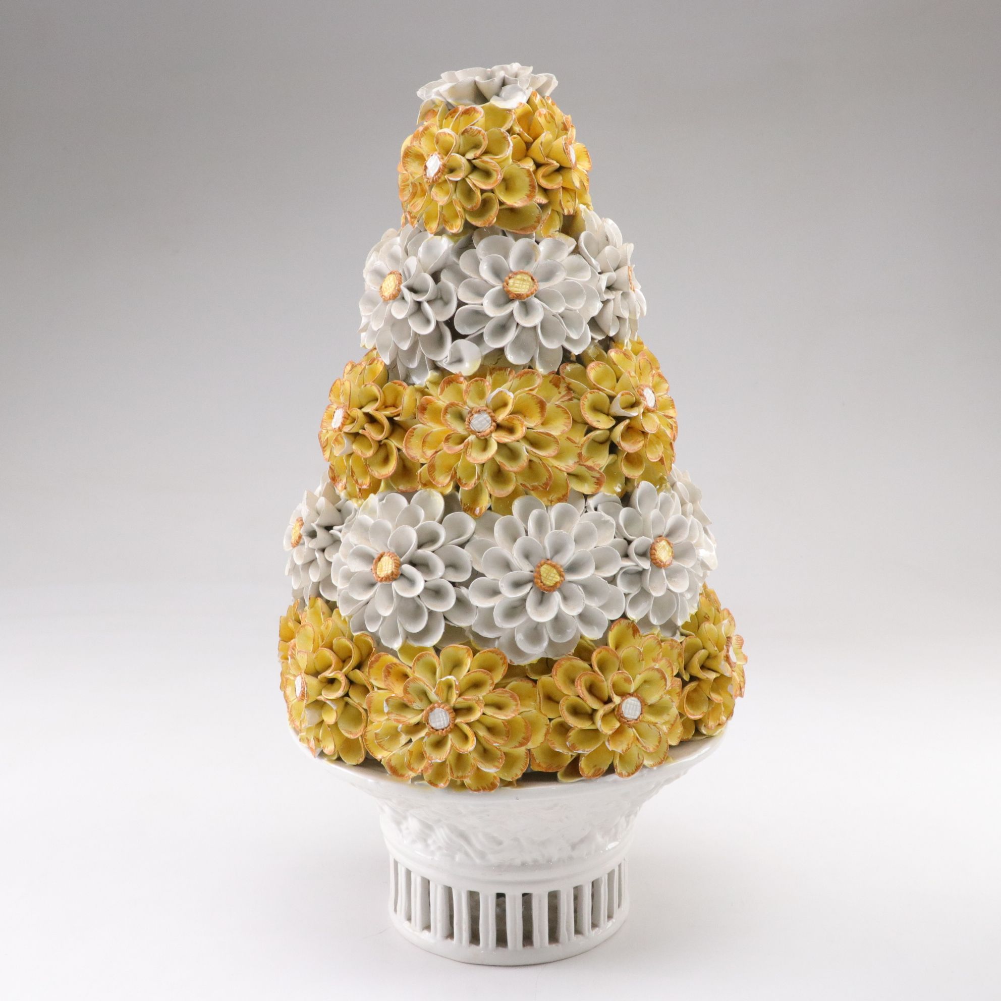 Italian Hand-Painted Porcelain Daisy Topiary Sculptures