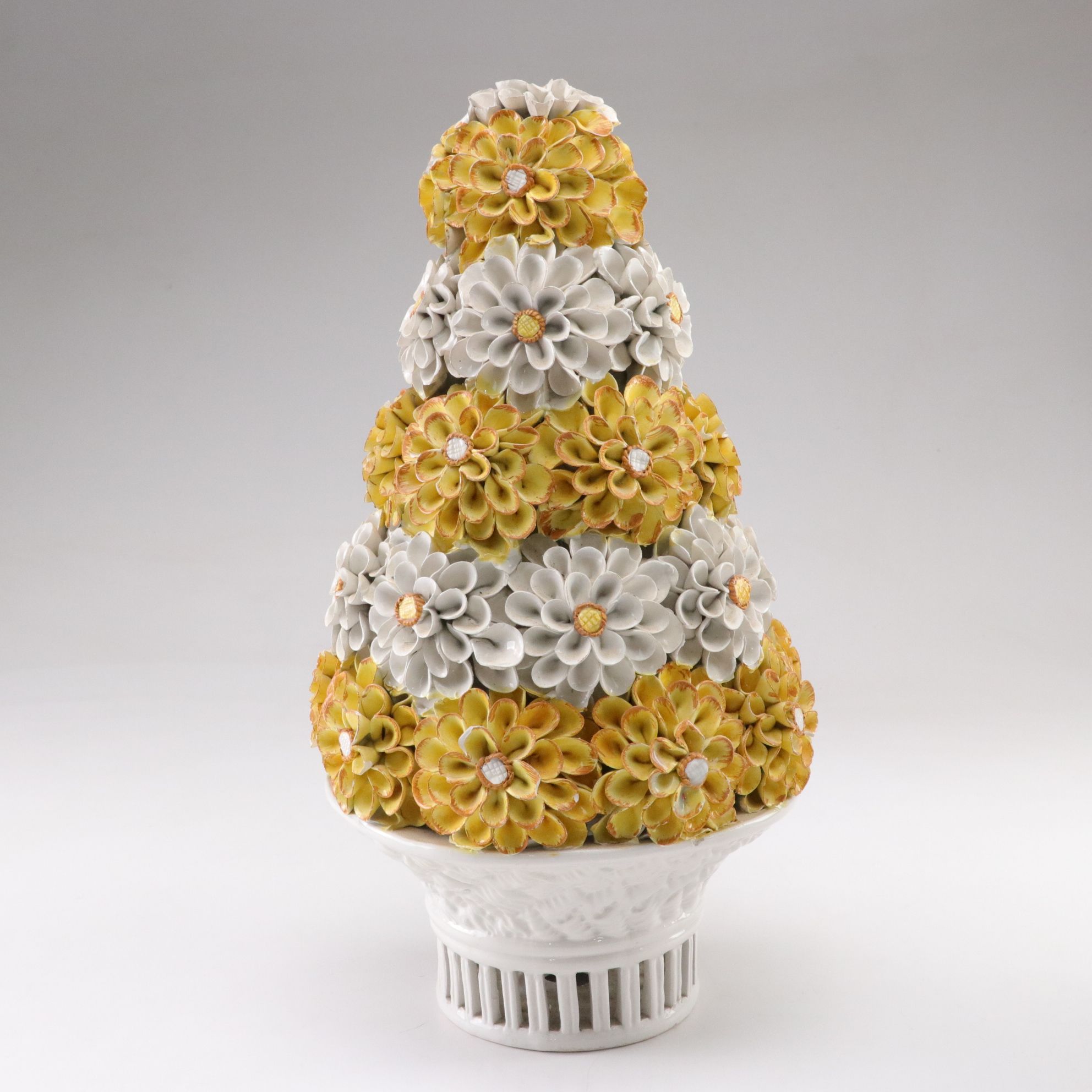 Italian Hand-Painted Porcelain Daisy Topiary Sculptures