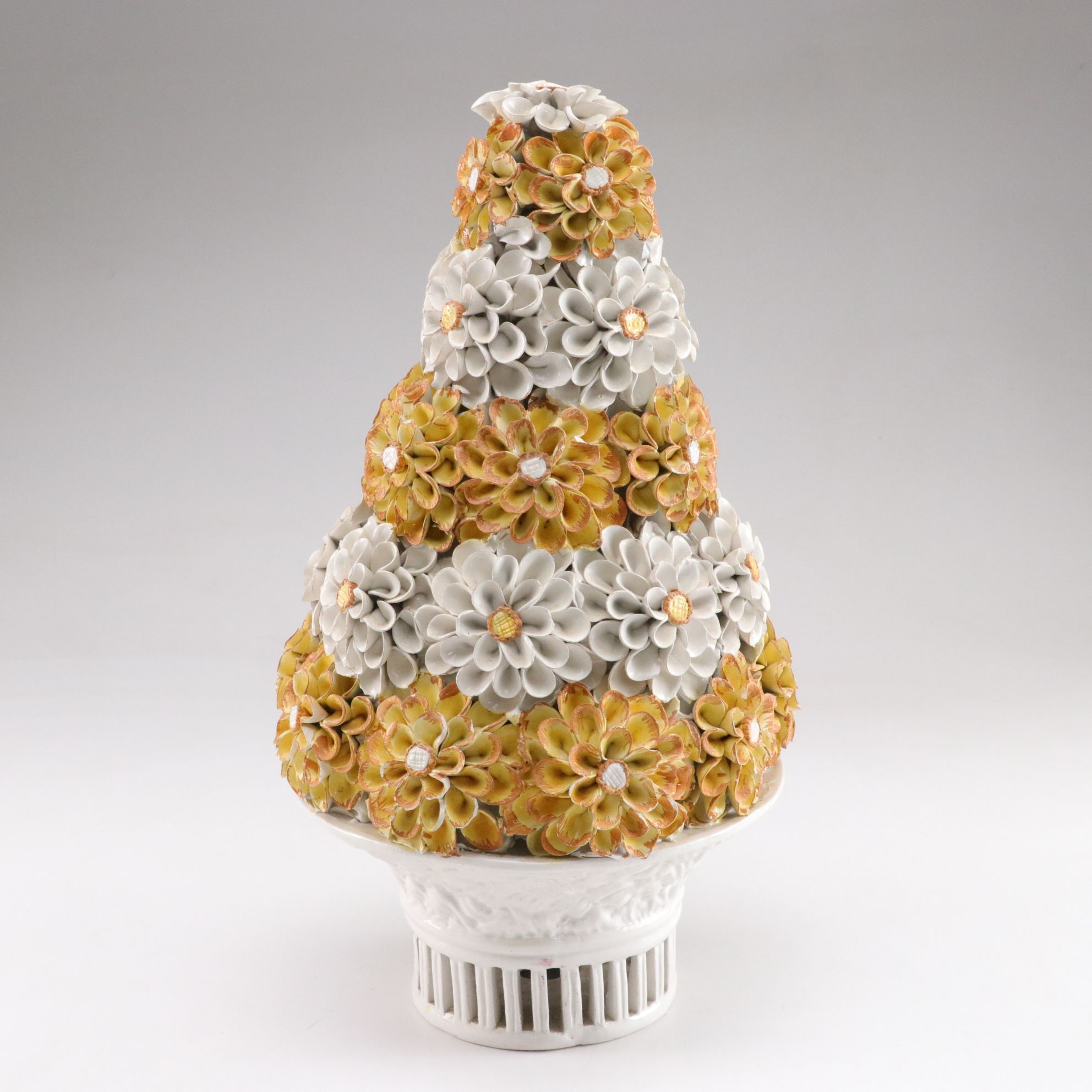 Italian Hand-Painted Porcelain Daisy Topiary Sculptures