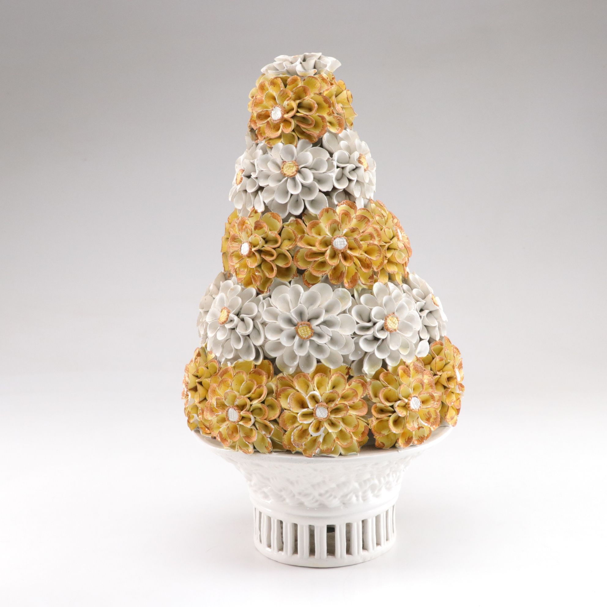 Italian Hand-Painted Porcelain Daisy Topiary Sculptures