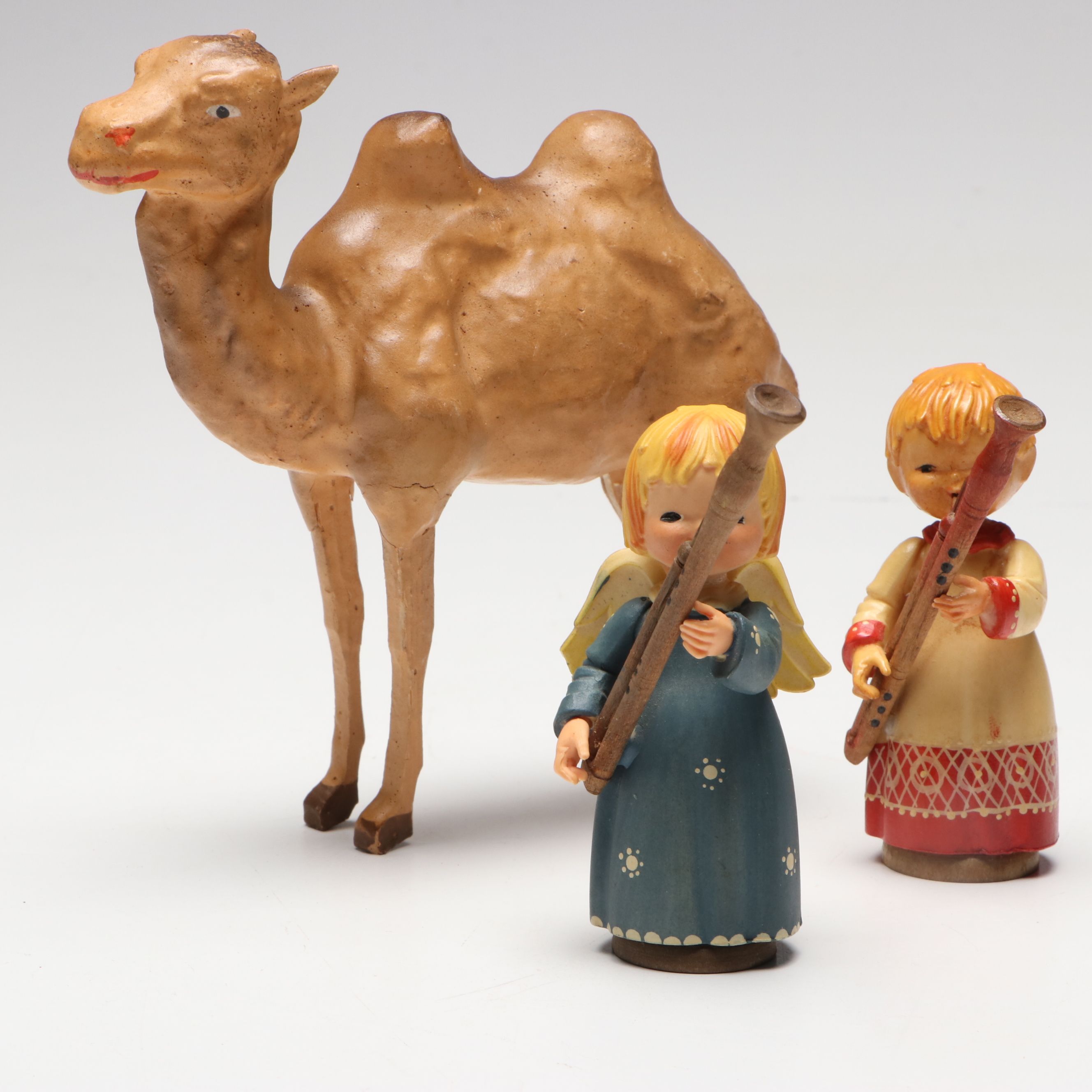 German Putz Nativity Camel with ANRI Italian Carved Wood Angels