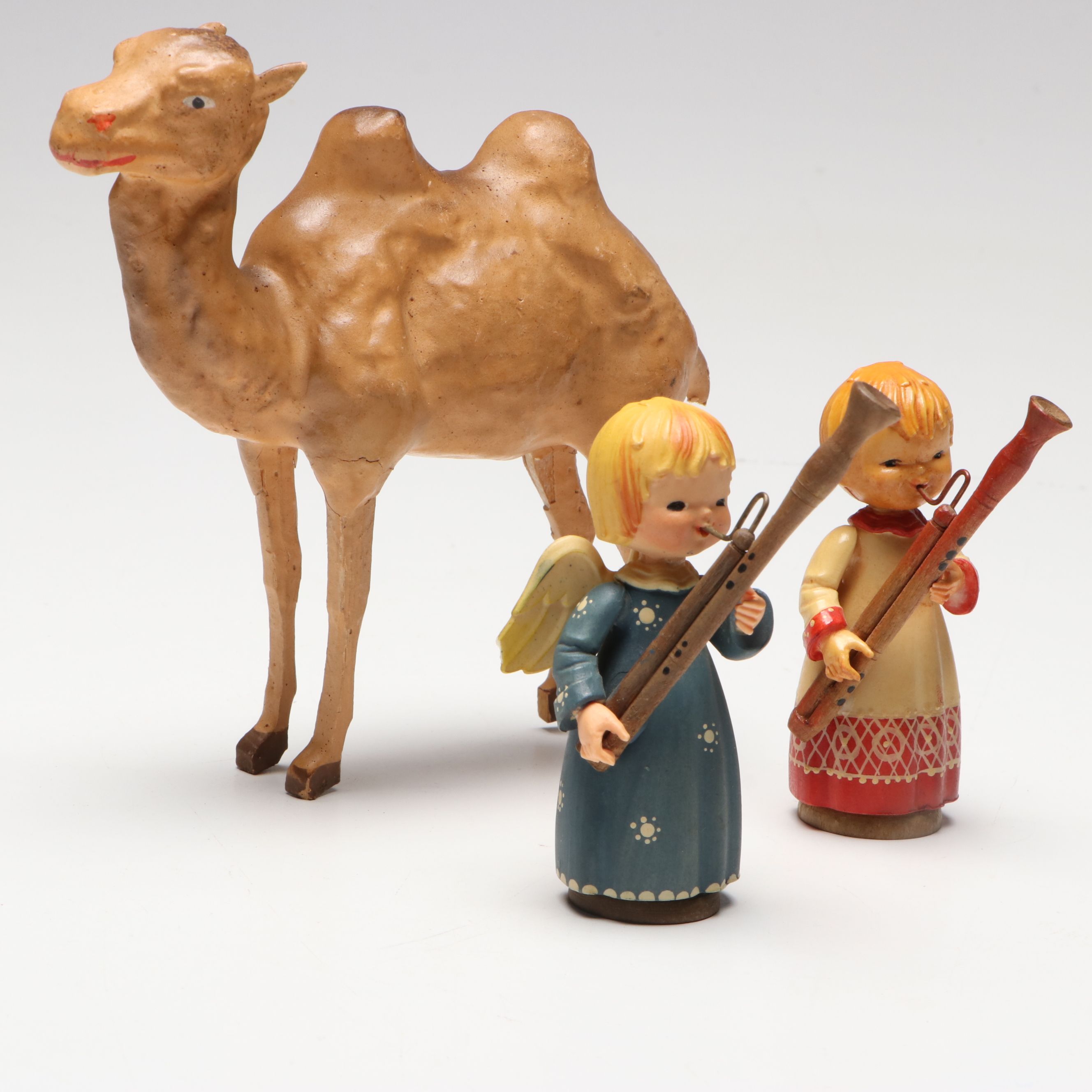 German Putz Nativity Camel with ANRI Italian Carved Wood Angels