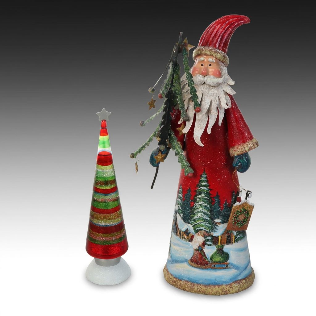 Speckled Tin Santa Figure with Illuminated Glittery Tree