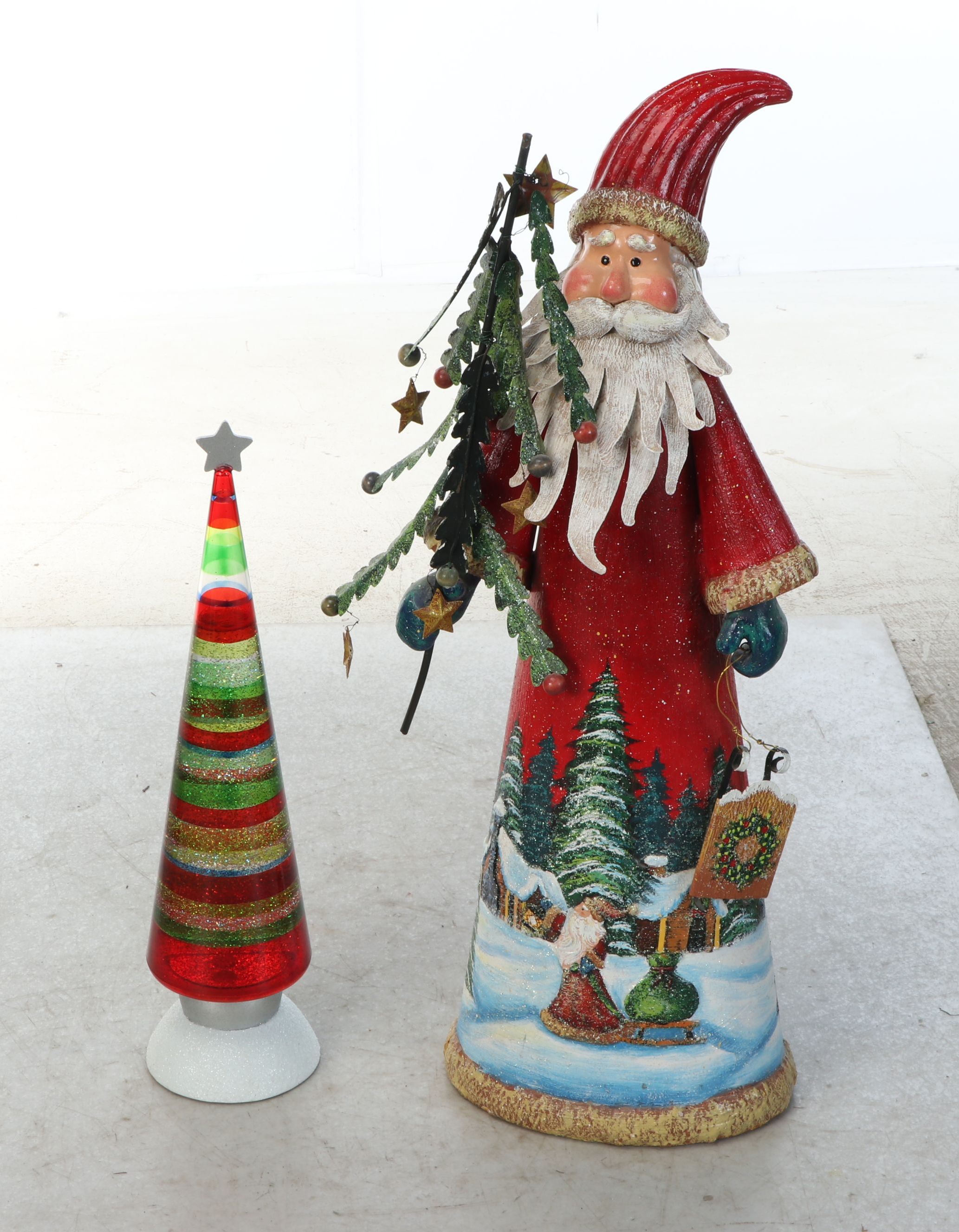 Speckled Tin Santa Figure with Illuminated Glittery Tree