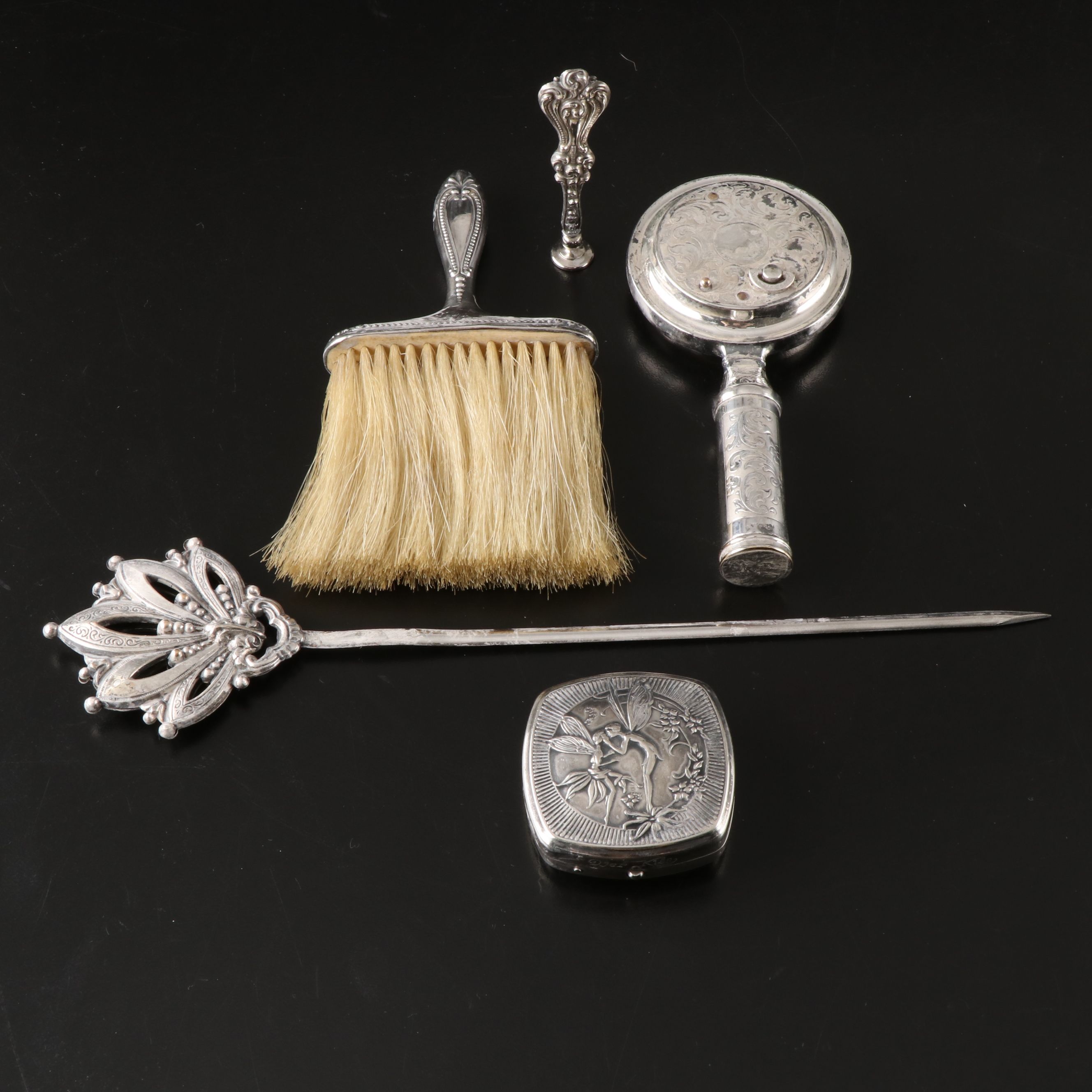 Djer-Kiss Fairy Embossed Sterling Silver Compact and Other Victorian Accessories