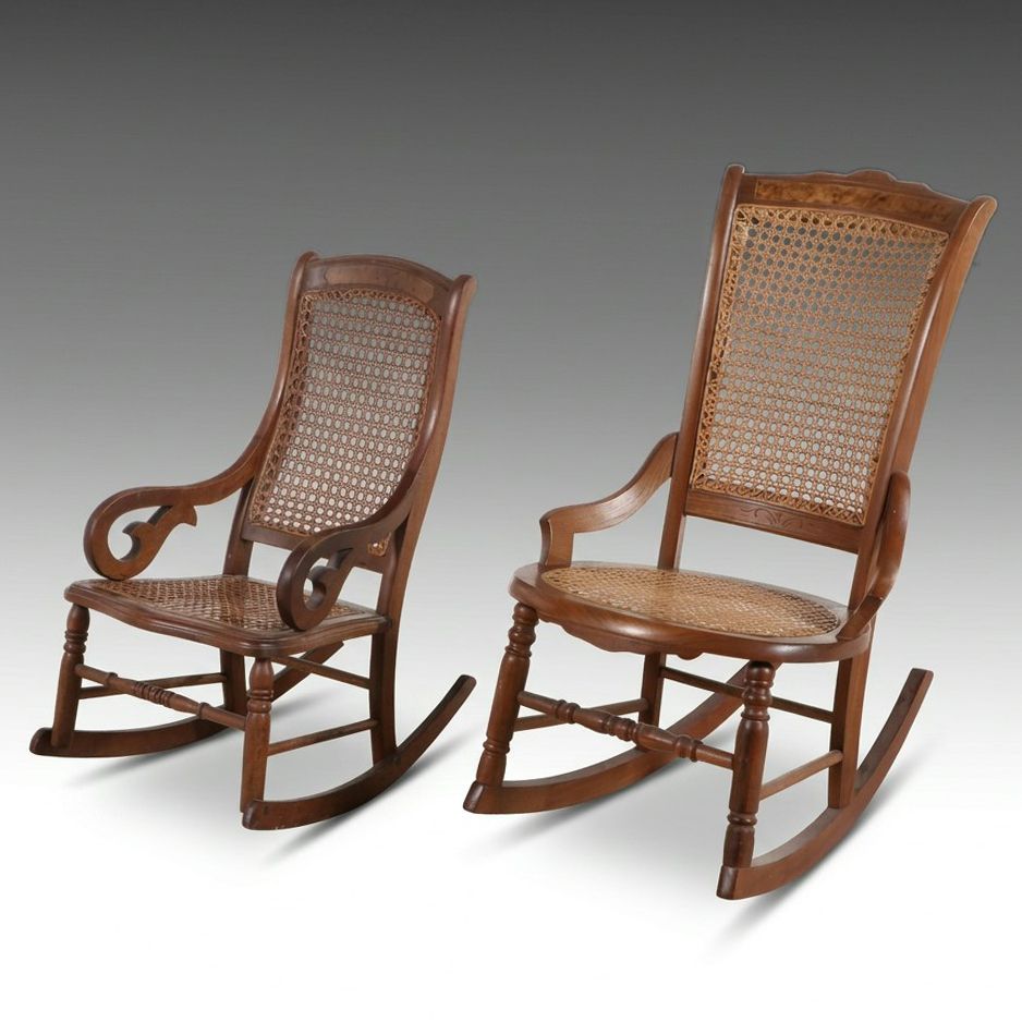 Assembled Pair of Sheraton Revival Caned Rocking Chairs