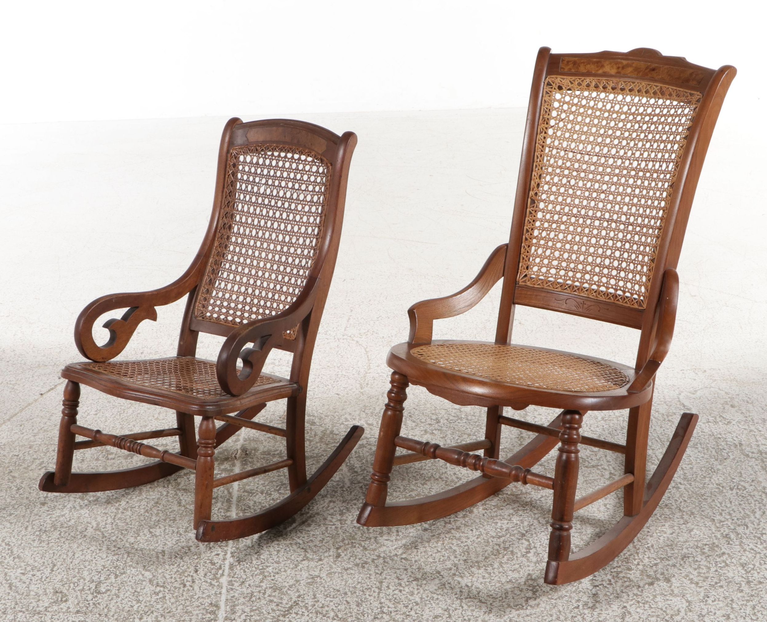 Assembled Pair of Sheraton Revival Caned Rocking Chairs
