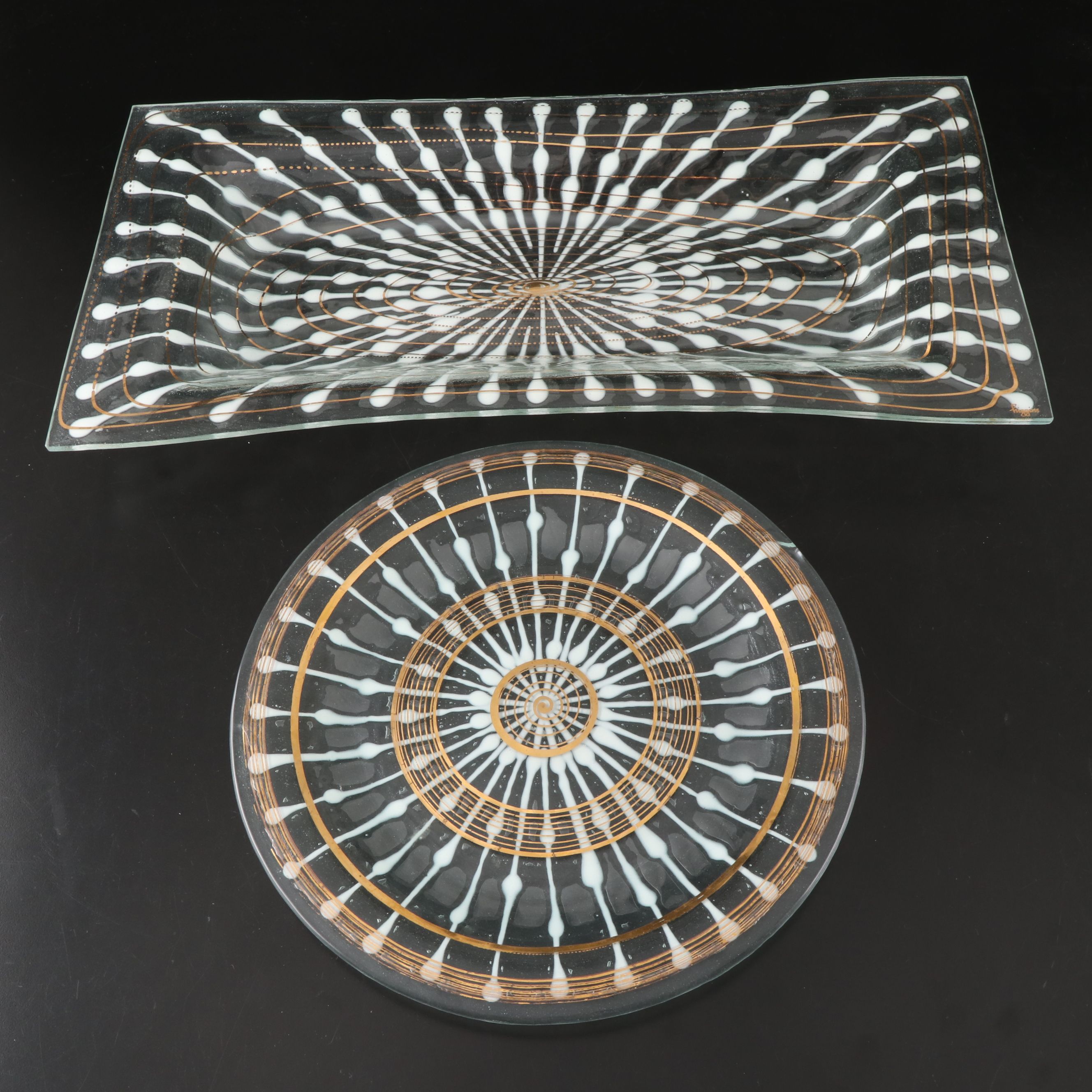 Higgins Fused Art Glass Rectangular Bowl and Plate, Late 20th Century