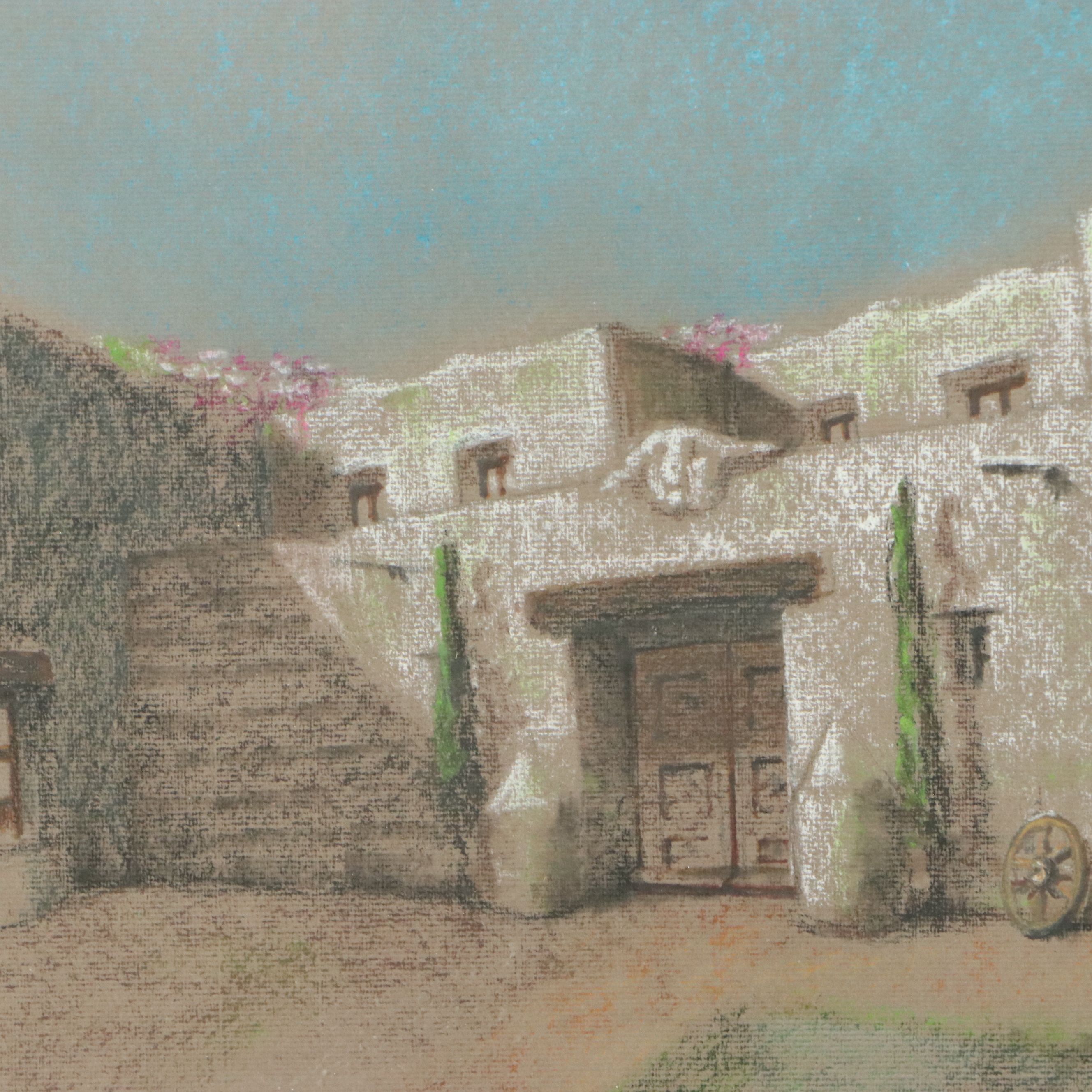 Oil Pastel Scene of American Southwest-Style Architecture, 1992