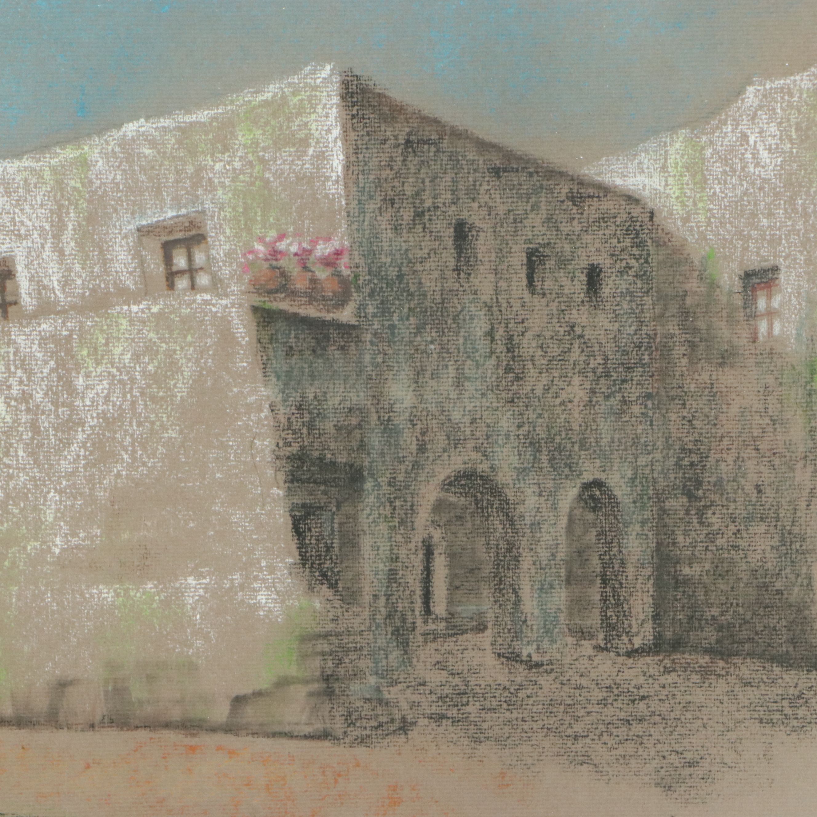Oil Pastel Scene of American Southwest-Style Architecture, 1992