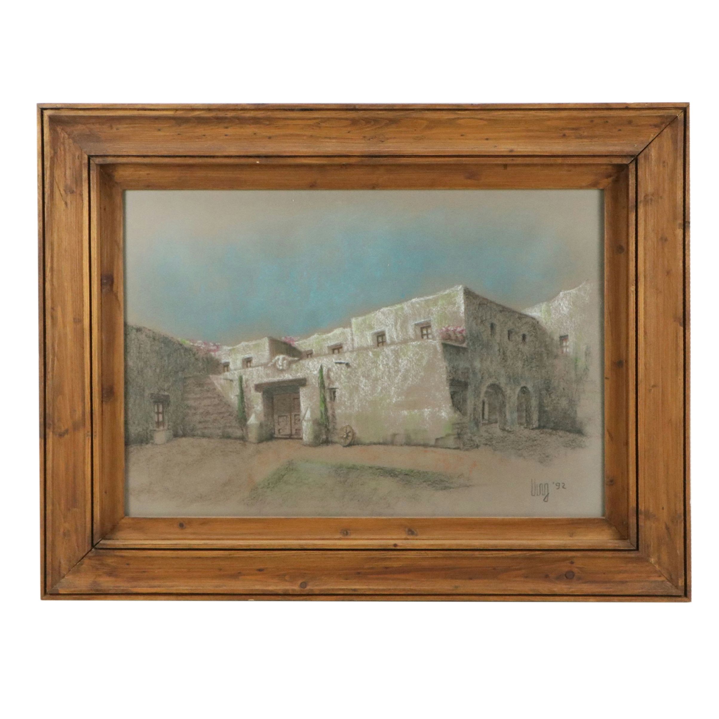 Oil Pastel Scene of American Southwest-Style Architecture, 1992