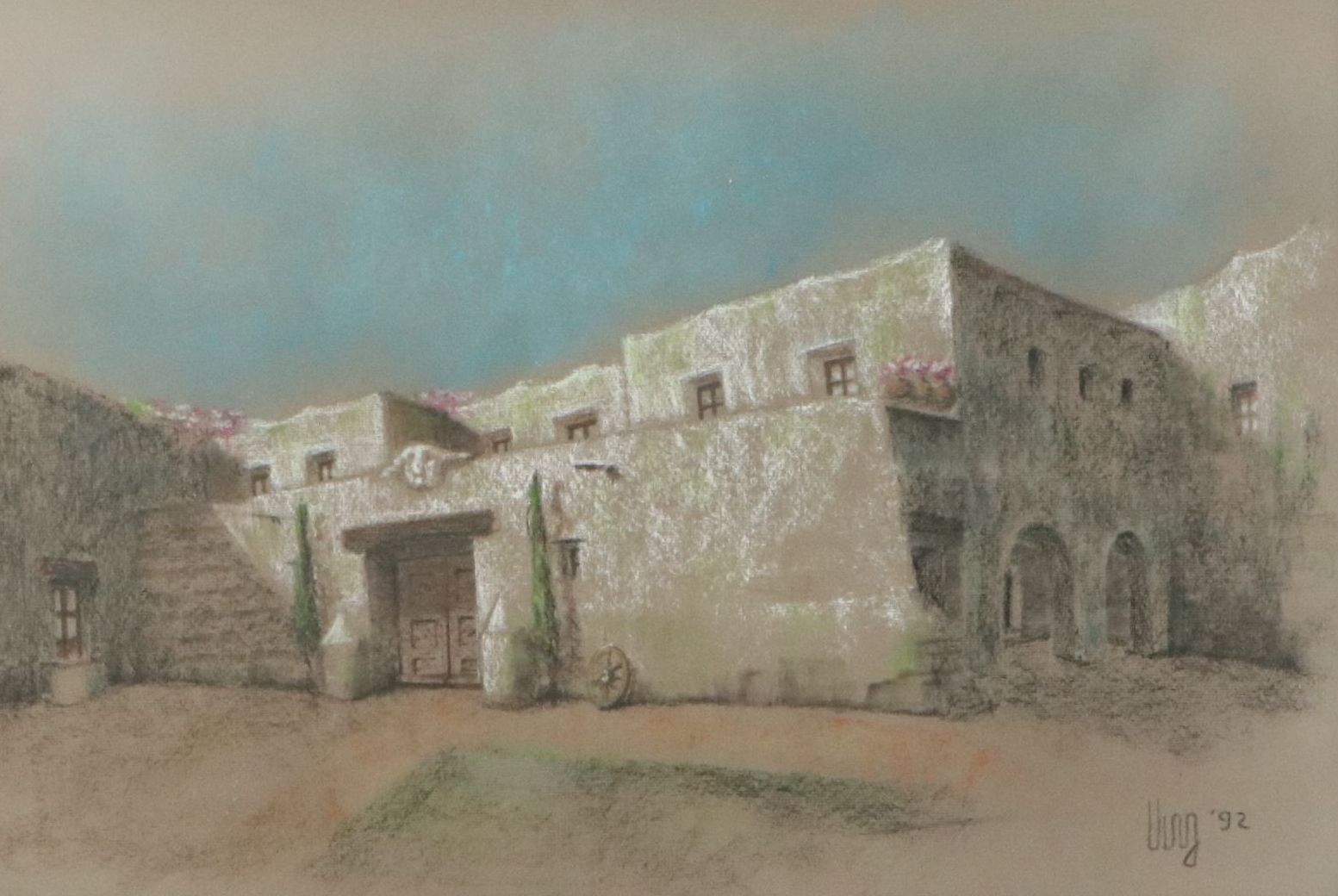 Oil Pastel Scene of American Southwest-Style Architecture, 1992