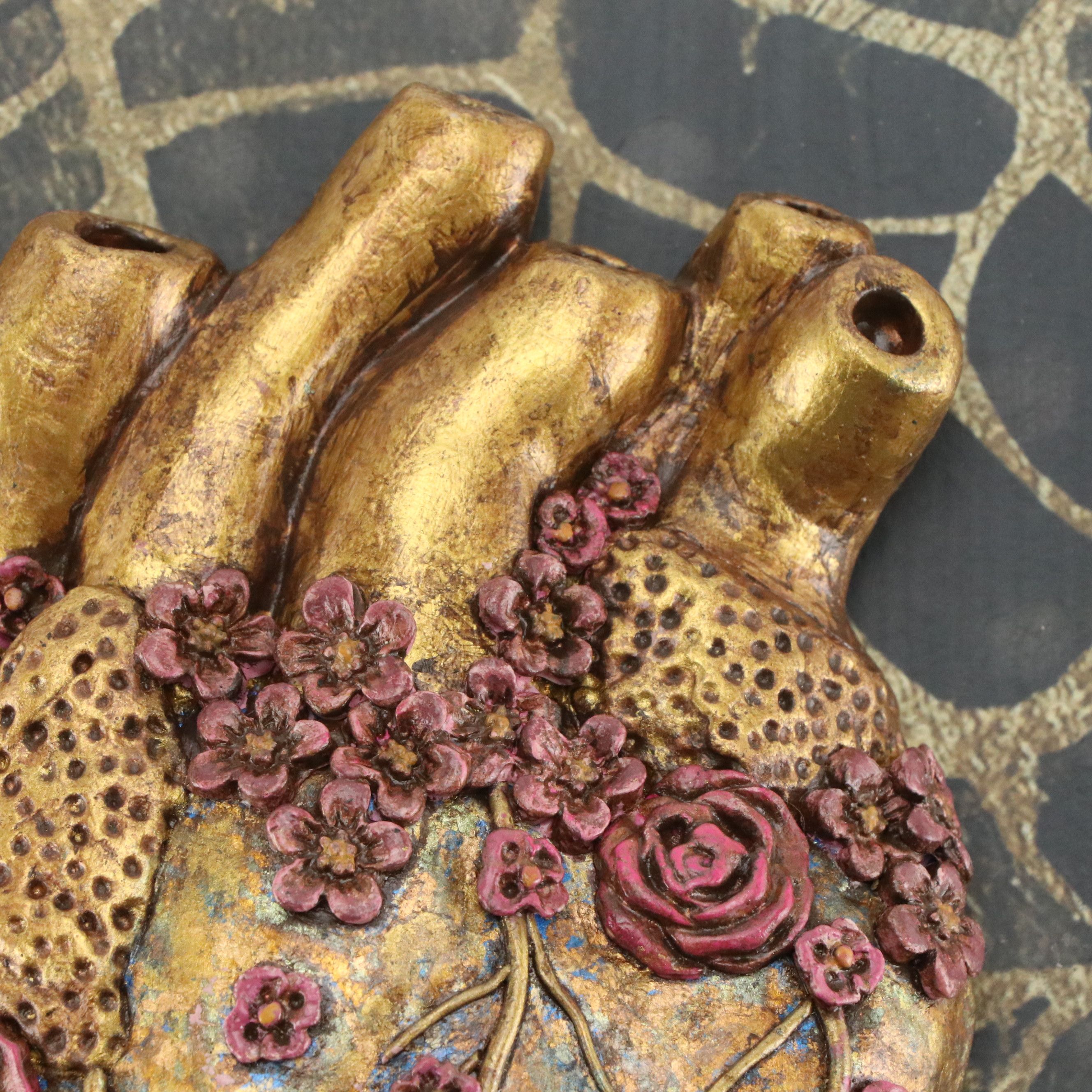 Deborah Kovacs-Sturdevant Mixed Media Assemblage "Anatomical Heart with Flowers"