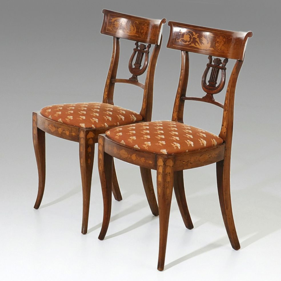Pair of Continental European Empire Inlaid Lyre-Back Side Chairs