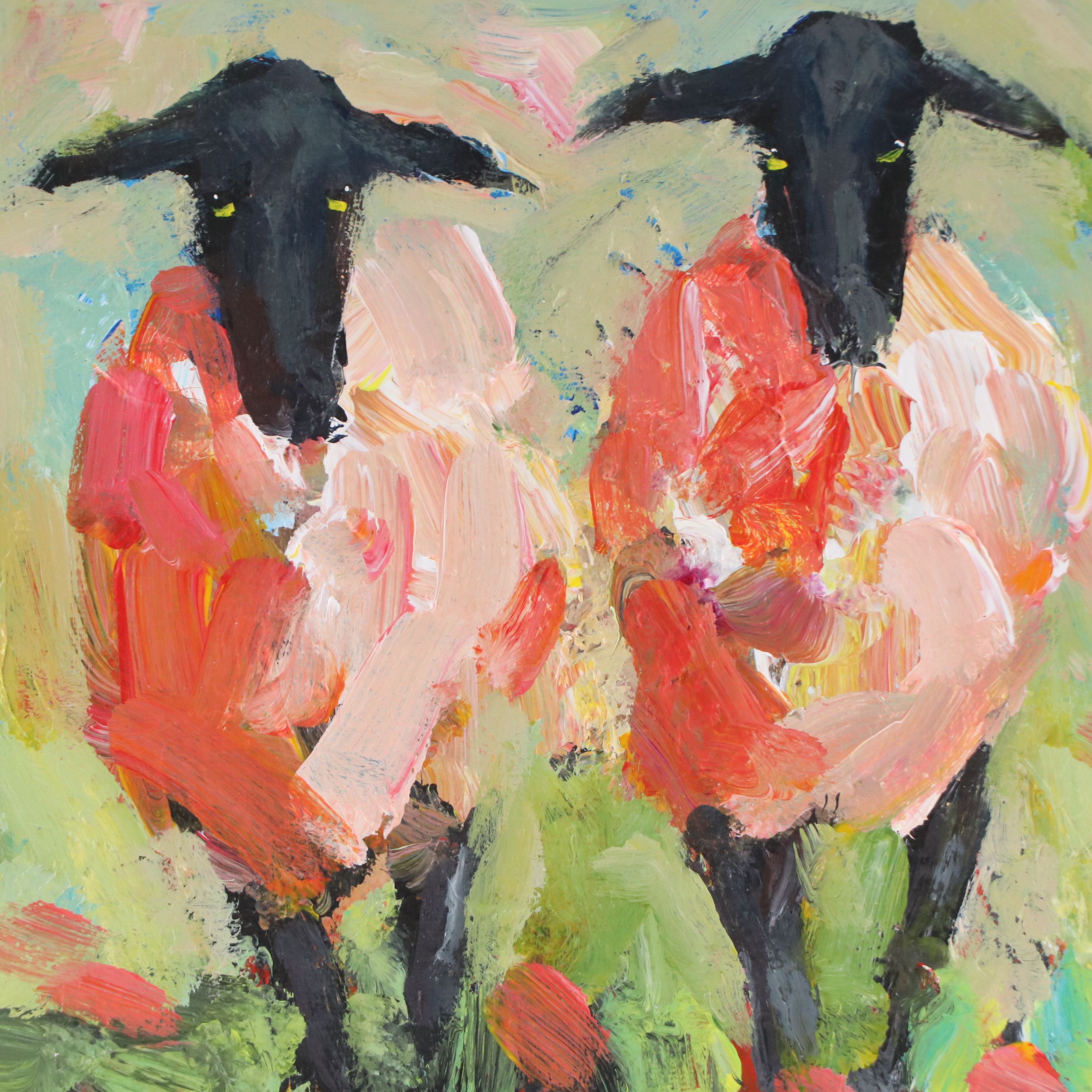 Elle Raines Acrylic Painting of Two Sheep, 21st Century