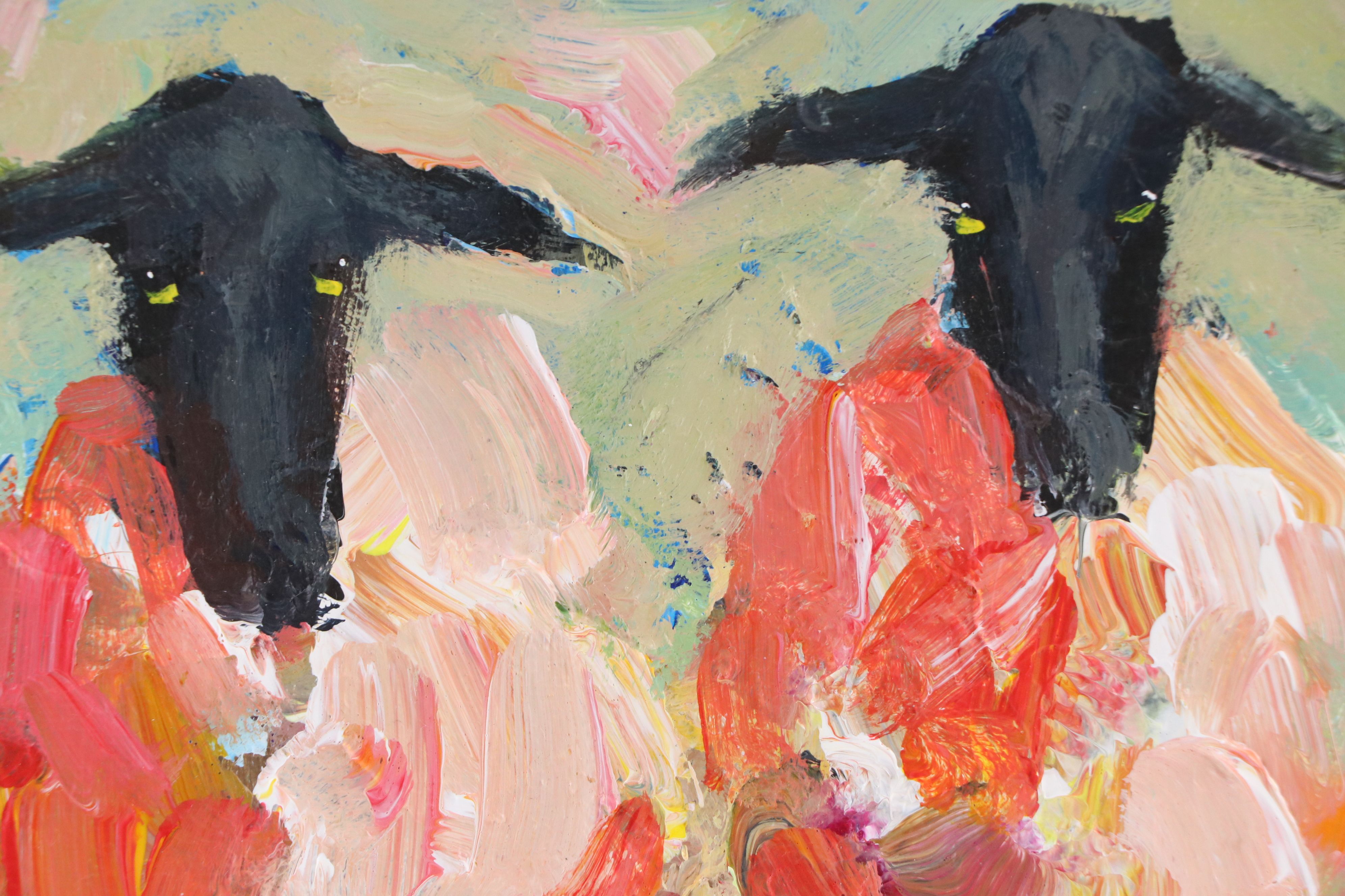 Elle Raines Acrylic Painting of Two Sheep, 21st Century