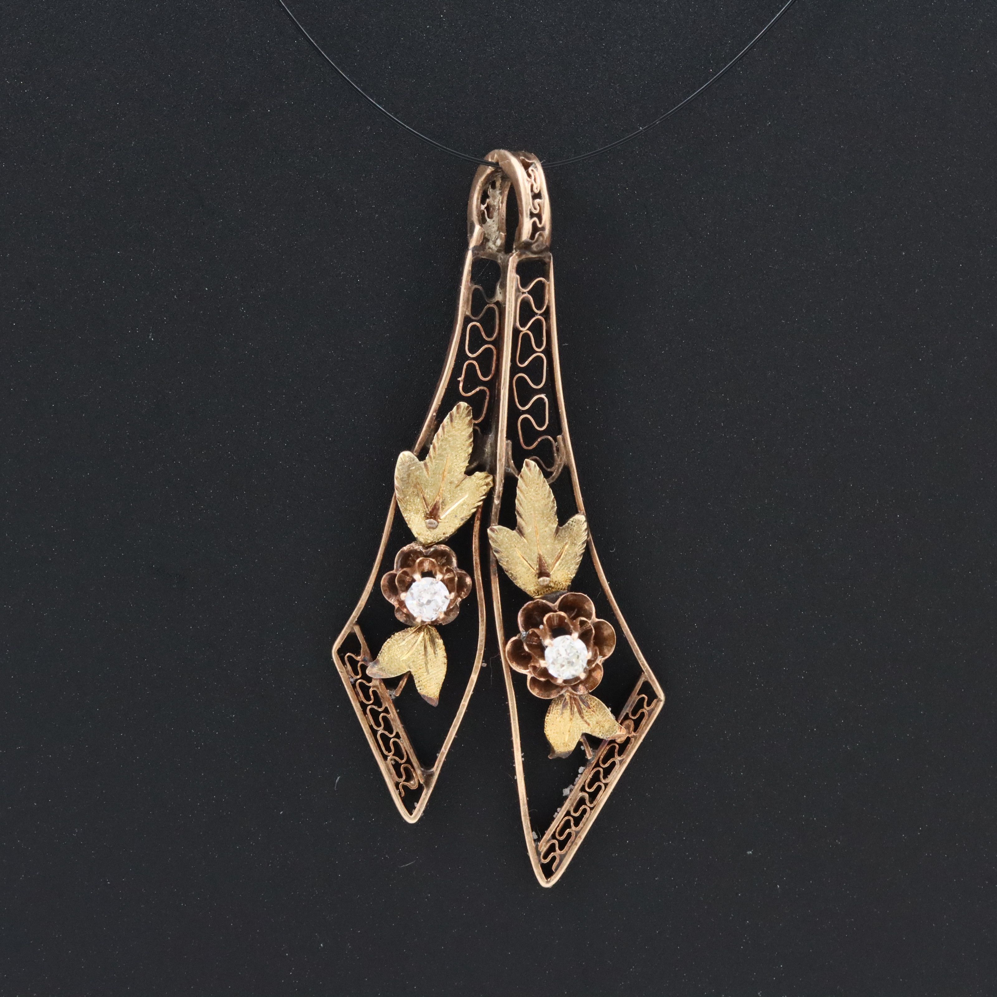 Art Nouveau 10K Rose and Green Gold 0.08 CTW Diamond Floral Ribbon Pendant