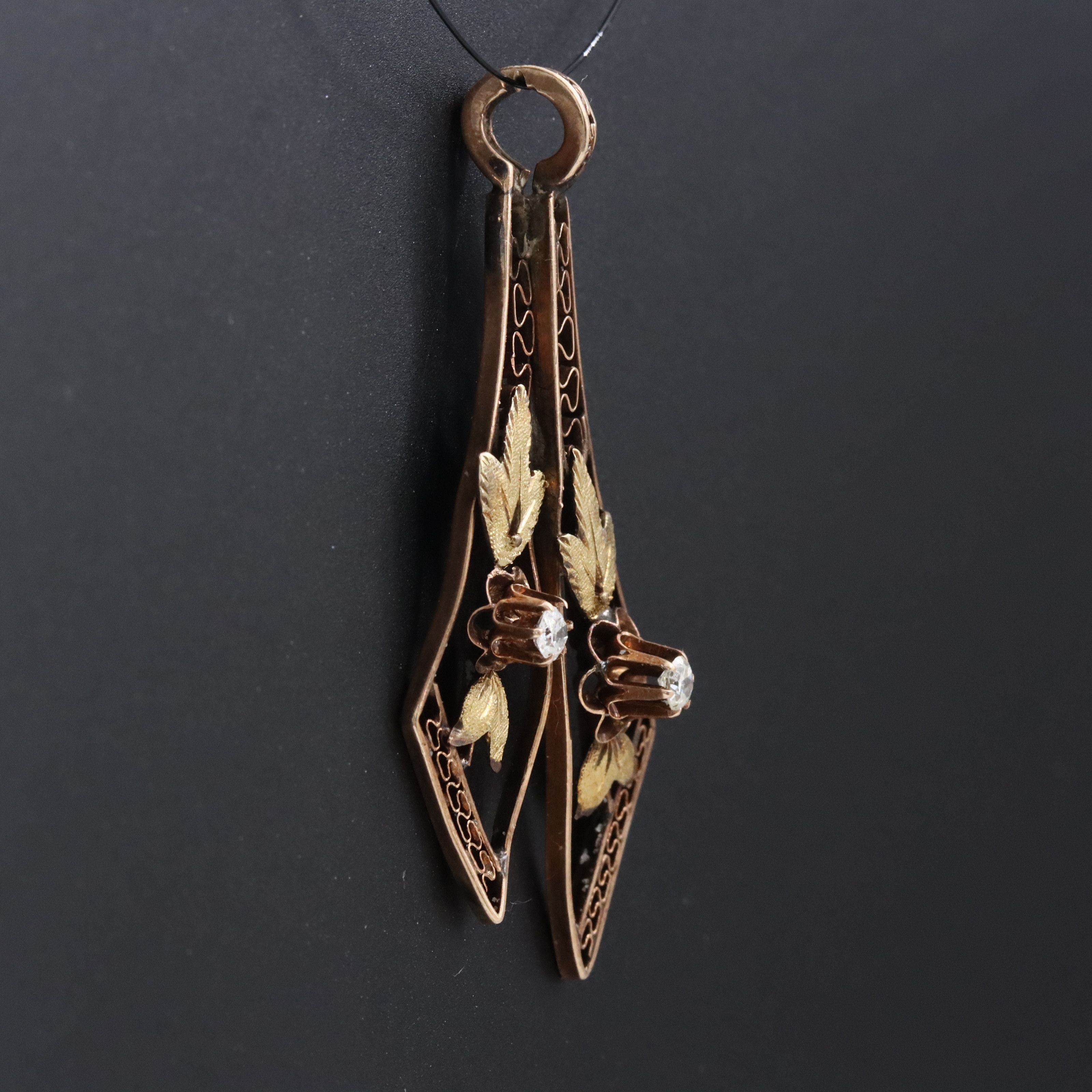 Art Nouveau 10K Rose and Green Gold 0.08 CTW Diamond Floral Ribbon Pendant