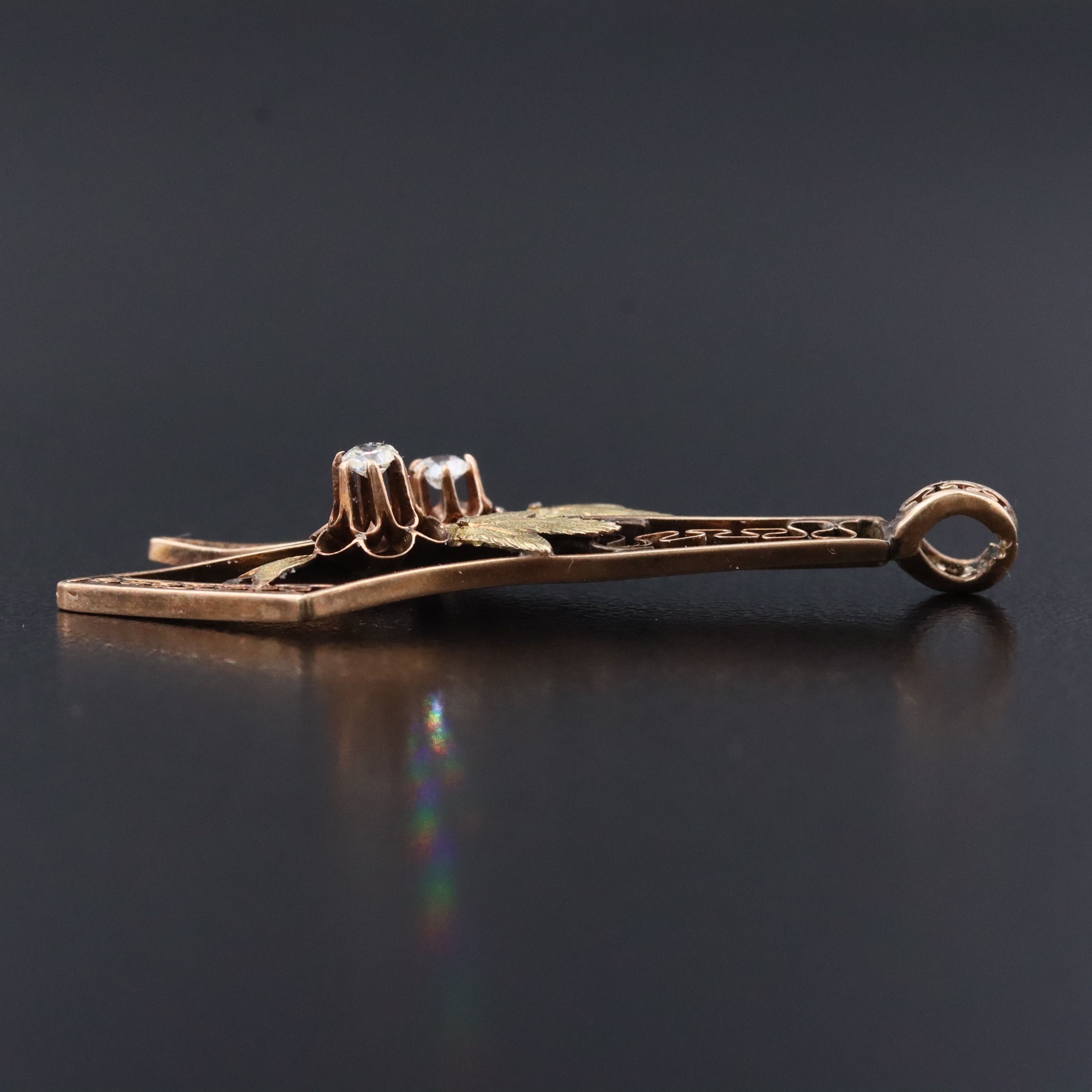 Art Nouveau 10K Rose and Green Gold 0.08 CTW Diamond Floral Ribbon Pendant