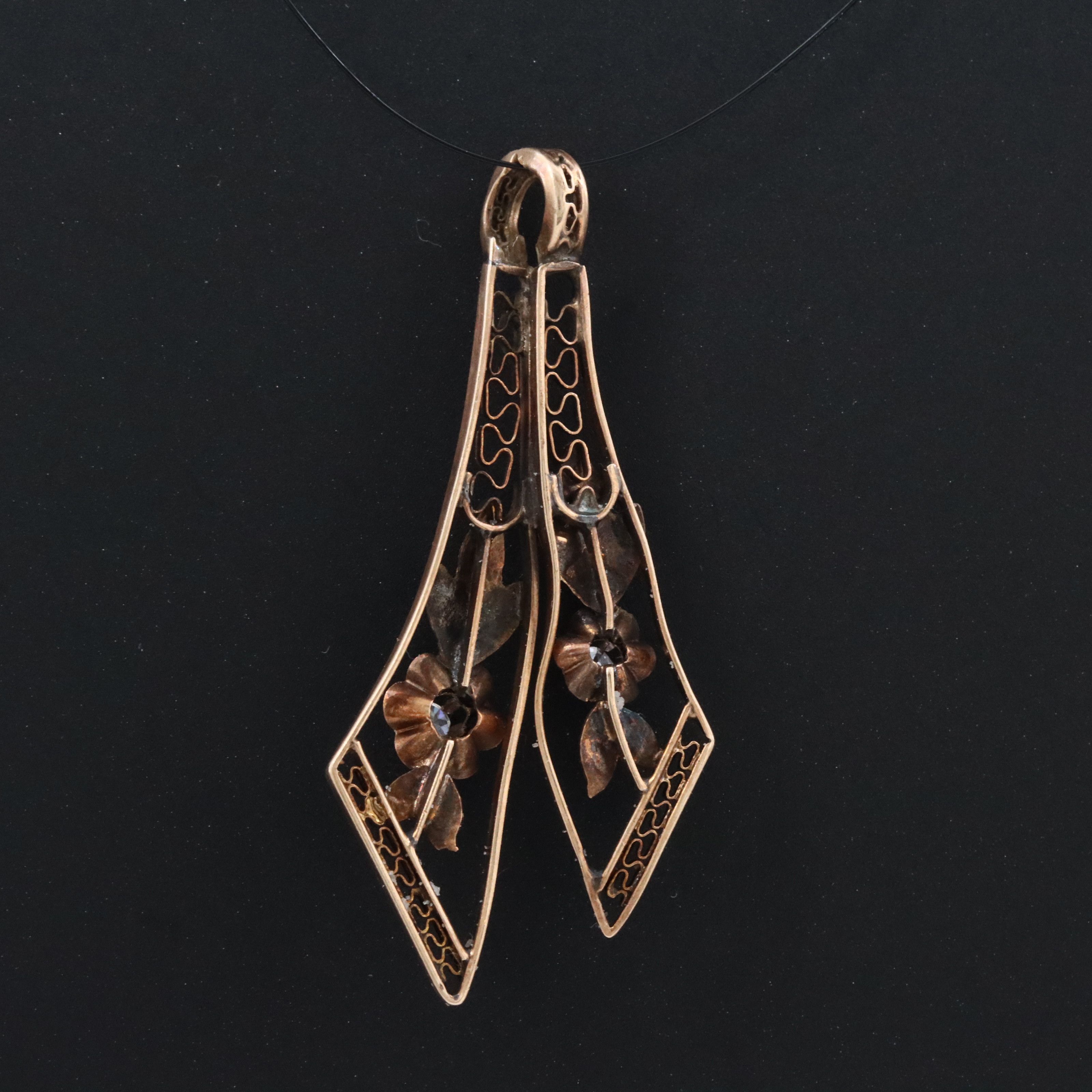 Art Nouveau 10K Rose and Green Gold 0.08 CTW Diamond Floral Ribbon Pendant