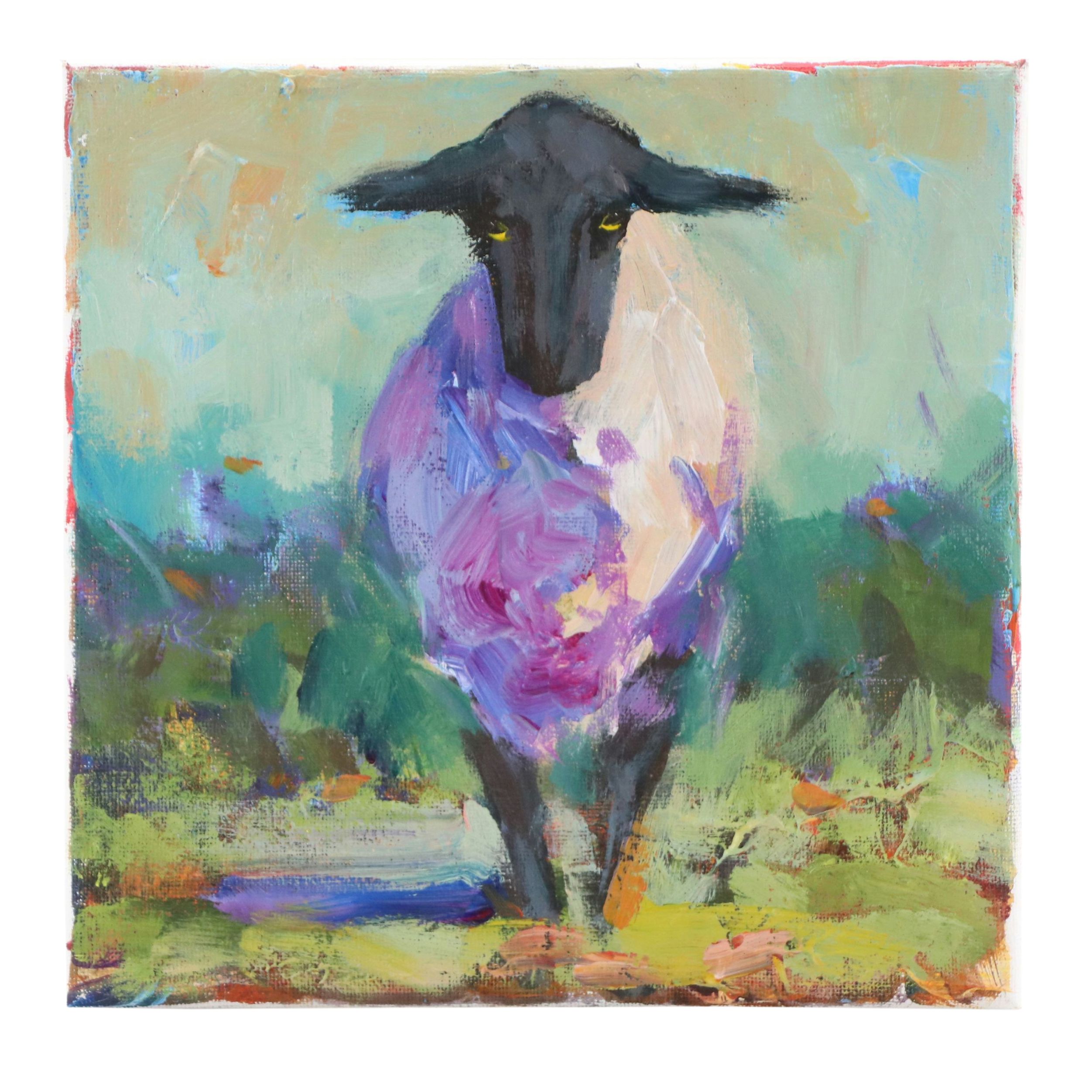 Elle Raines Acrylic Painting of Lone Sheep, 21st Century