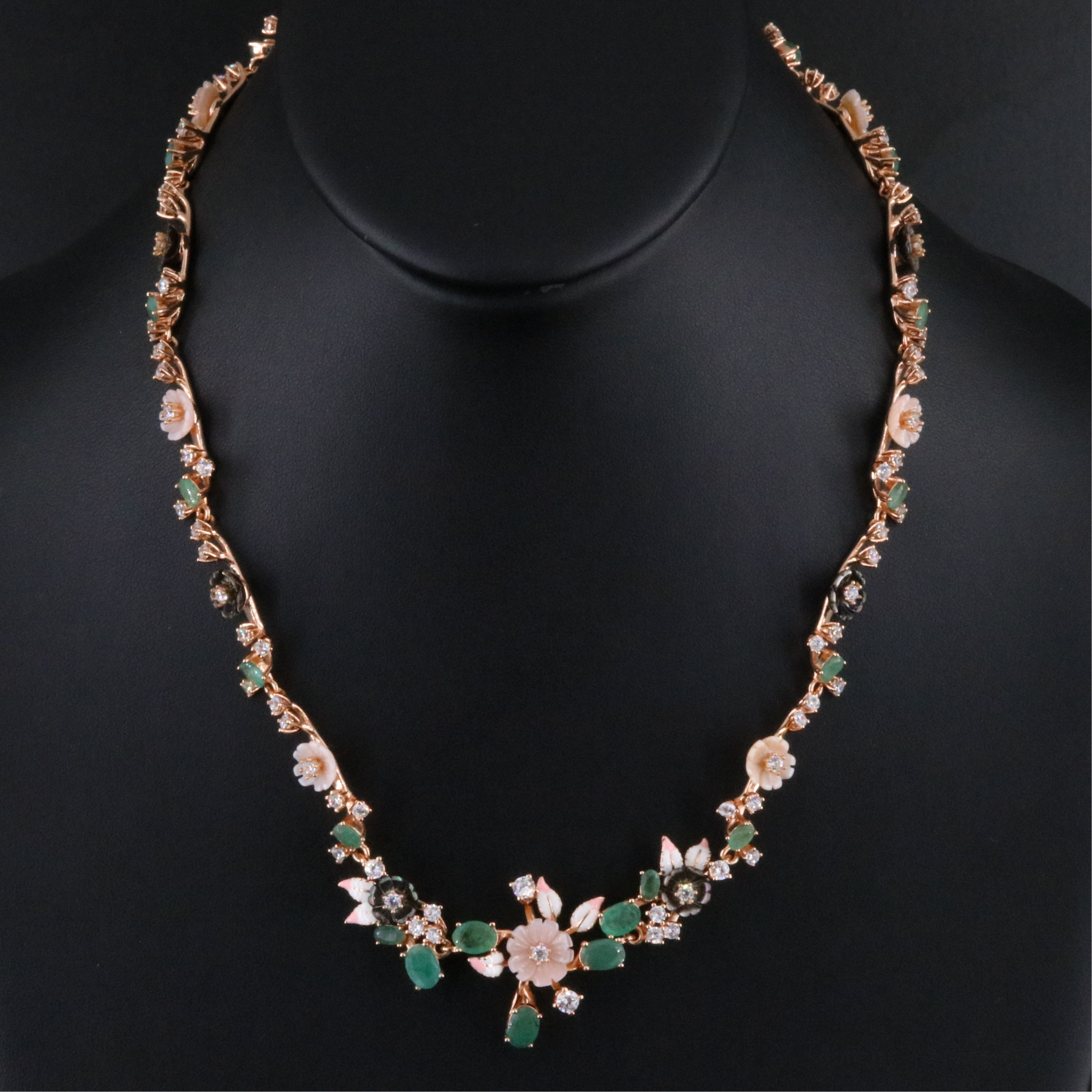 Sterling Mother-of-Pearl, Emerald and CZ Floral Link Necklace